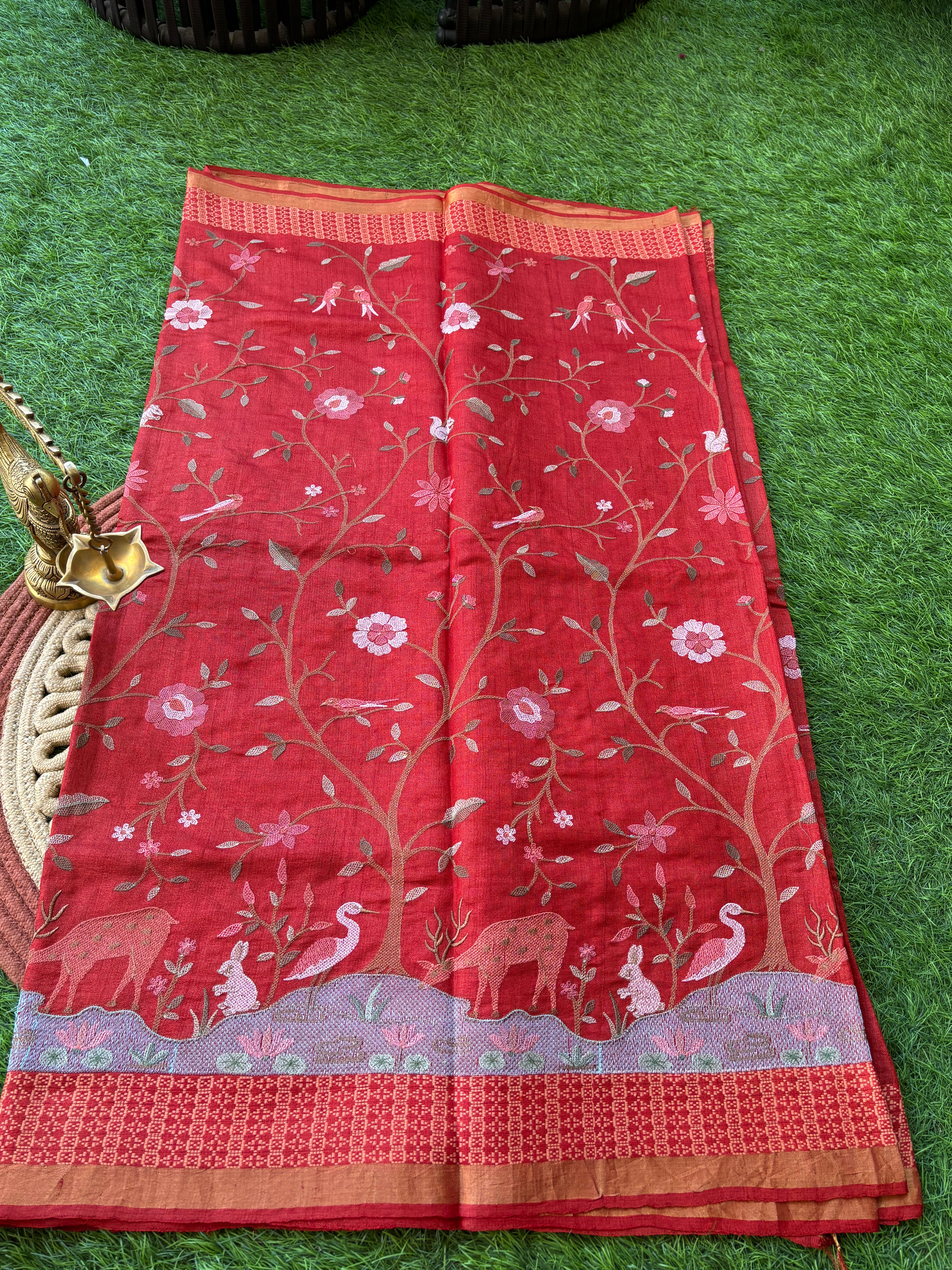 All Over Thread Embroidery Detail on Brick Red Desi Tussar Silk Saree