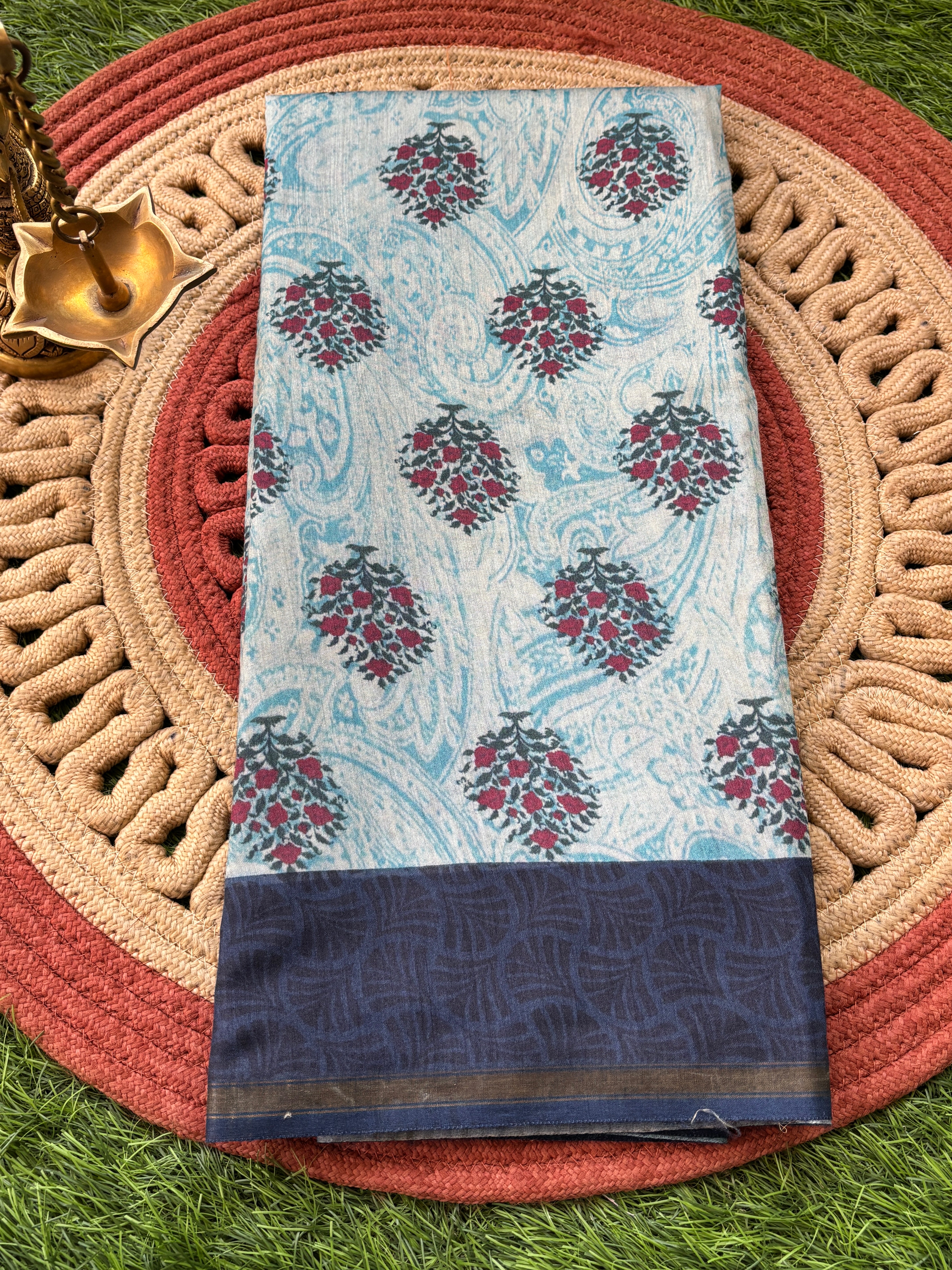Off-White Munga Silk Saree with Allover Digital Print & Navy Blue Border | Chandrika Lifestyles