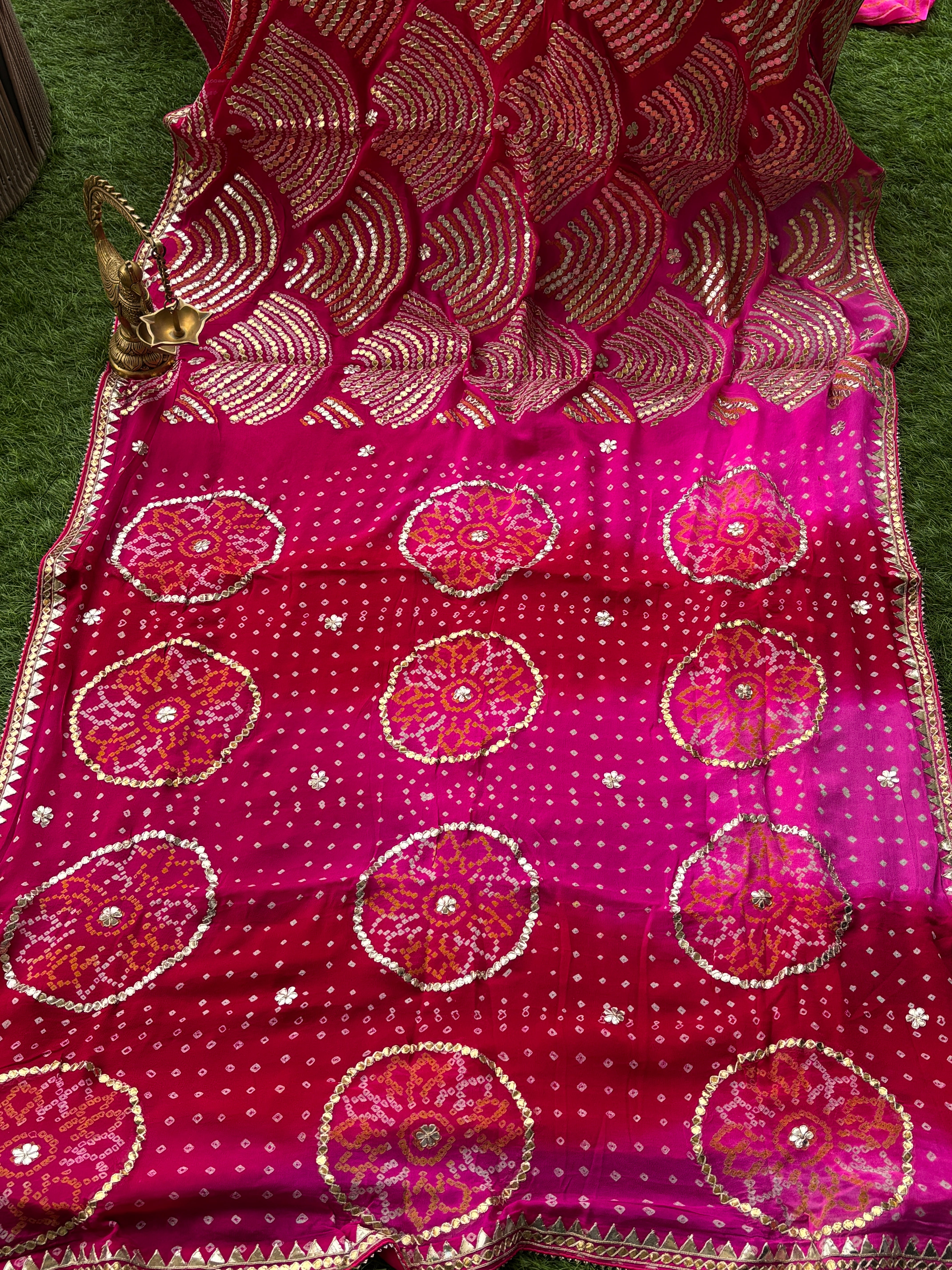 Red Pink Pure Chiffon Bandhej Saree with Boota Patti Border | Chandrika Lifestyles