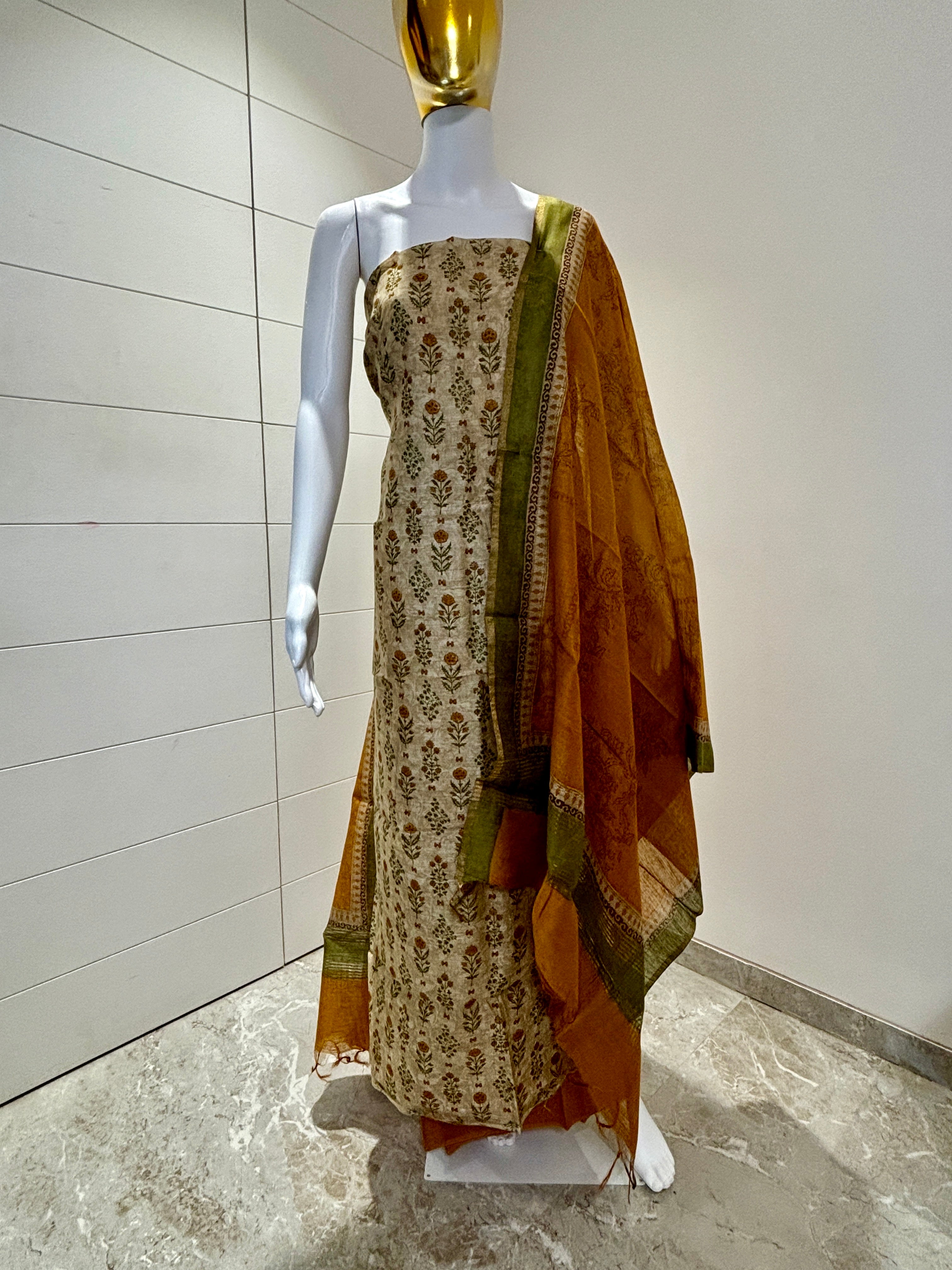Pure tusser baidge printed banarai suit material with multiple coloured matching dupatta claay and elegant royal look