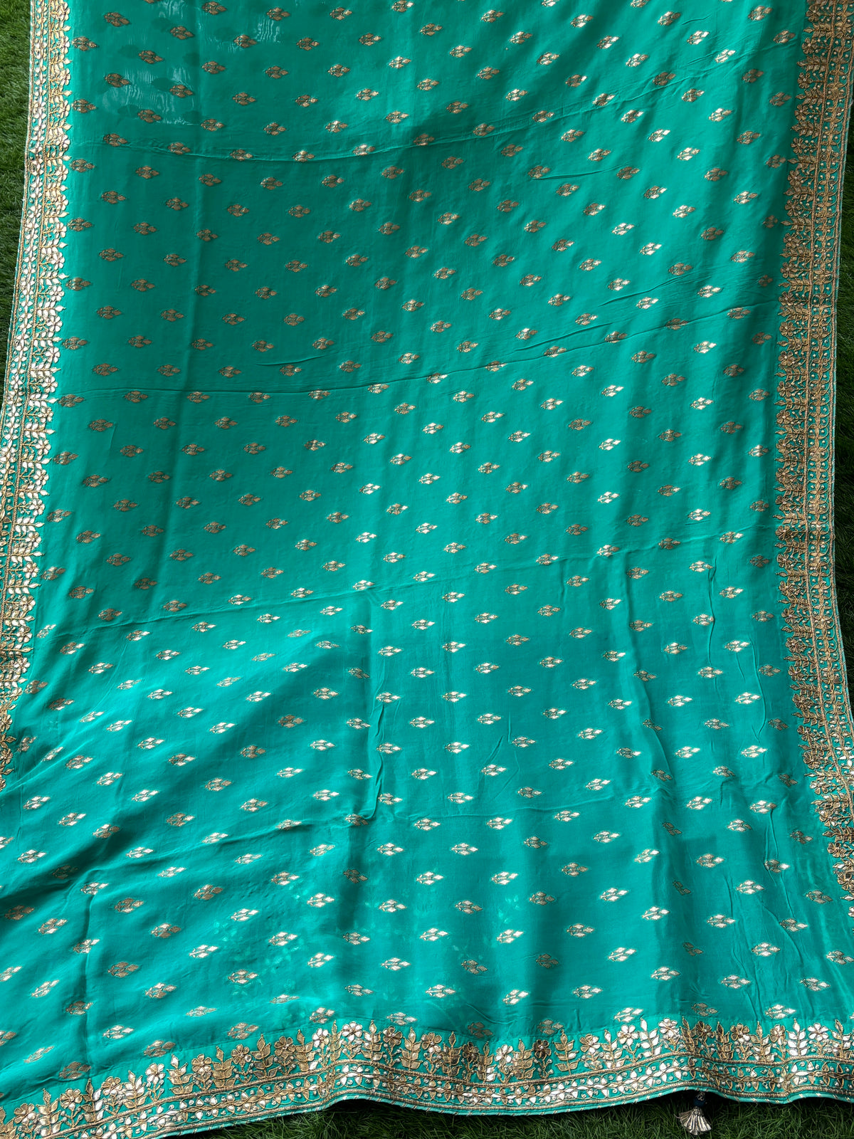 Royal Sea Green Pure Muga Silk Saree with Gota Patti Border & Buta Work (Blue Blouse)
