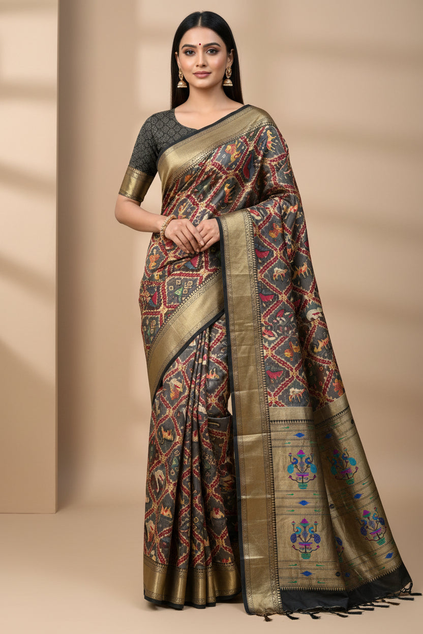 Pure Silk Black Paithani Saree with Brown Ikat Weaving and Traditional Paithani Border & Pallu