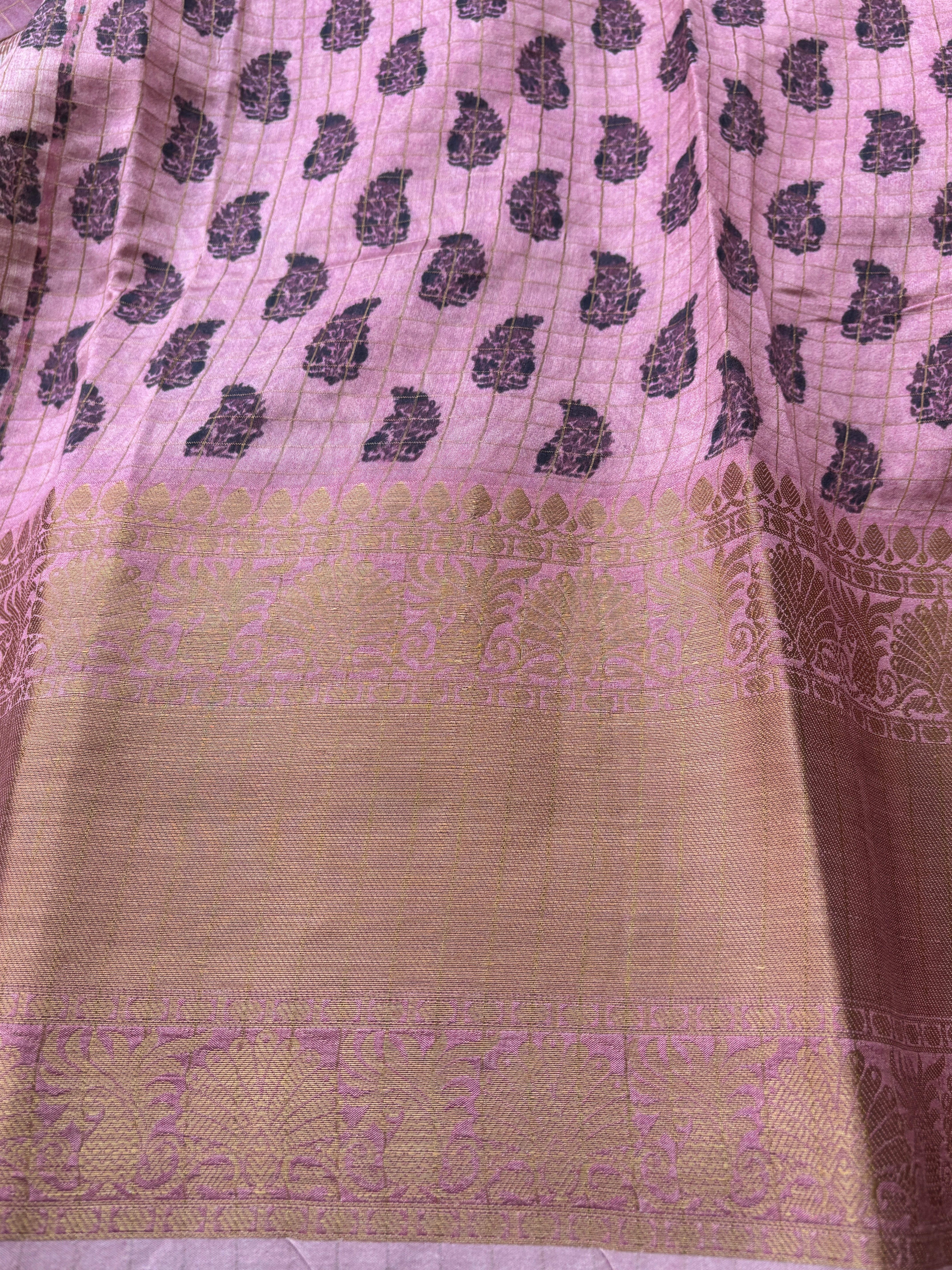 Baby Pink Pure Organza Saree with Zari Checks, Digital Print & Zari Border | Chandrika Lifestyles