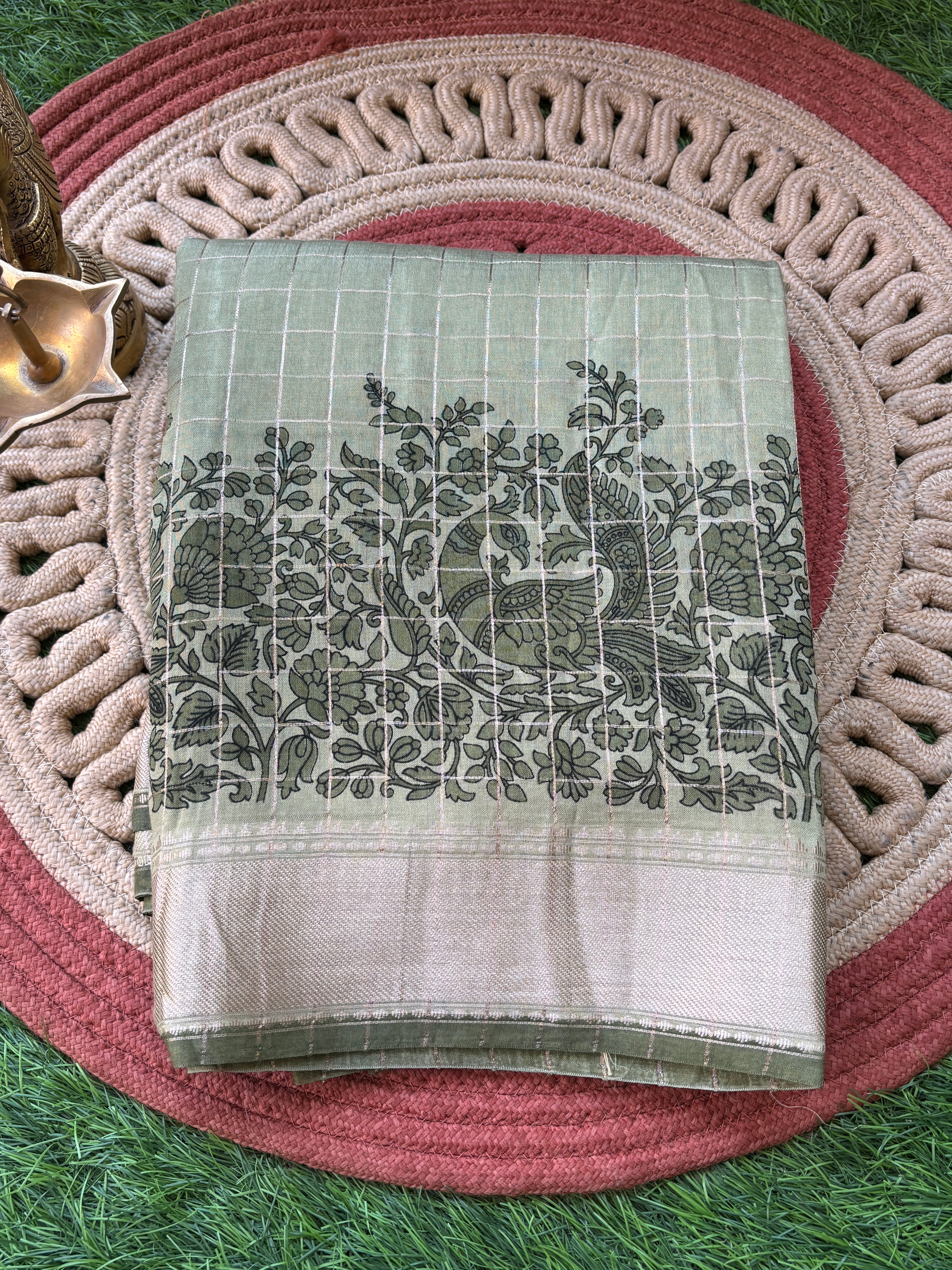 Pastel Pista Banarasi Georgette Saree with Zari Checks and Zari Woven Border