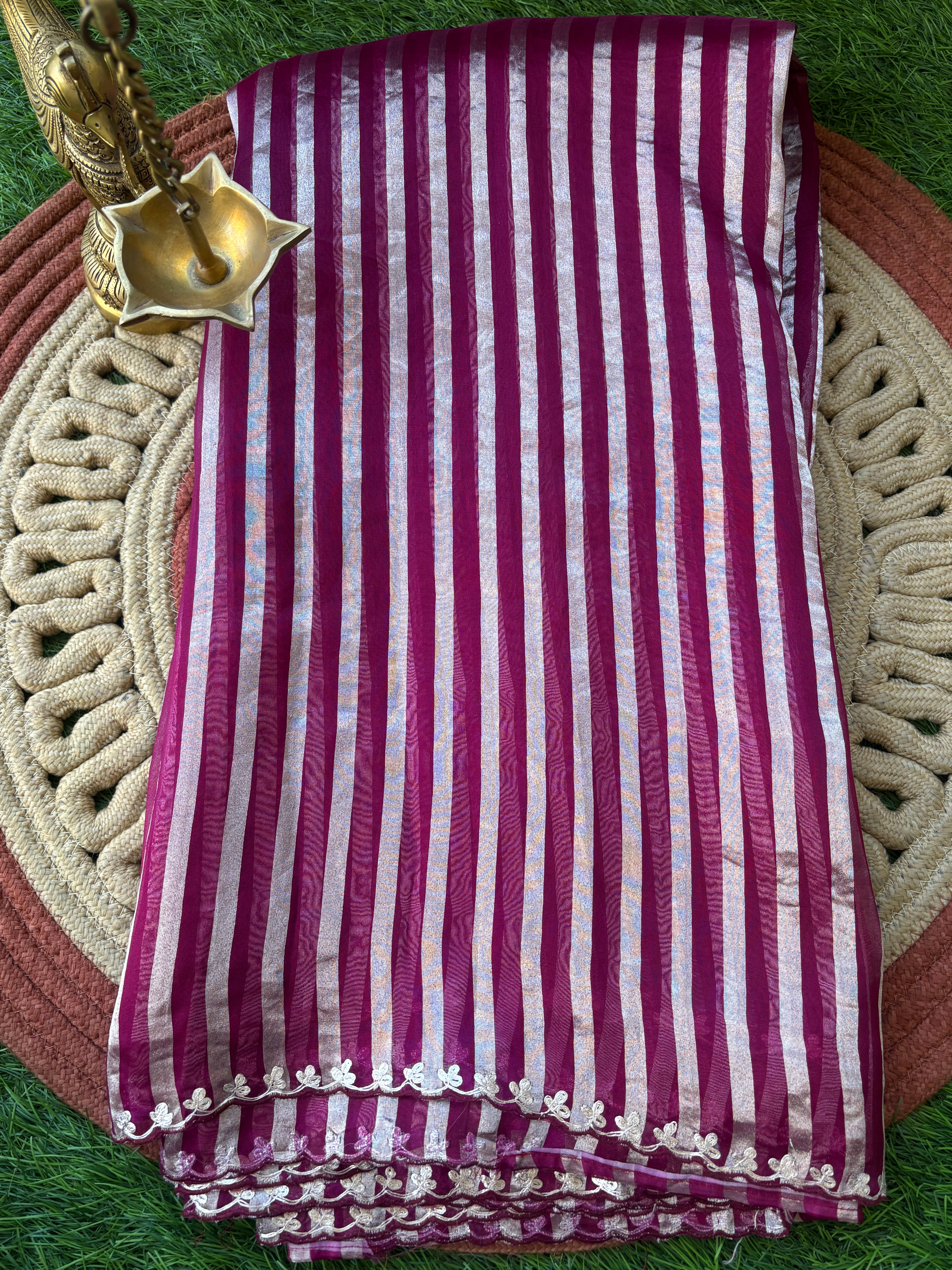 Rani Pink Kora Organza Tissue Silk Saree with Silver Zari Stripes & Embroidered Buttas