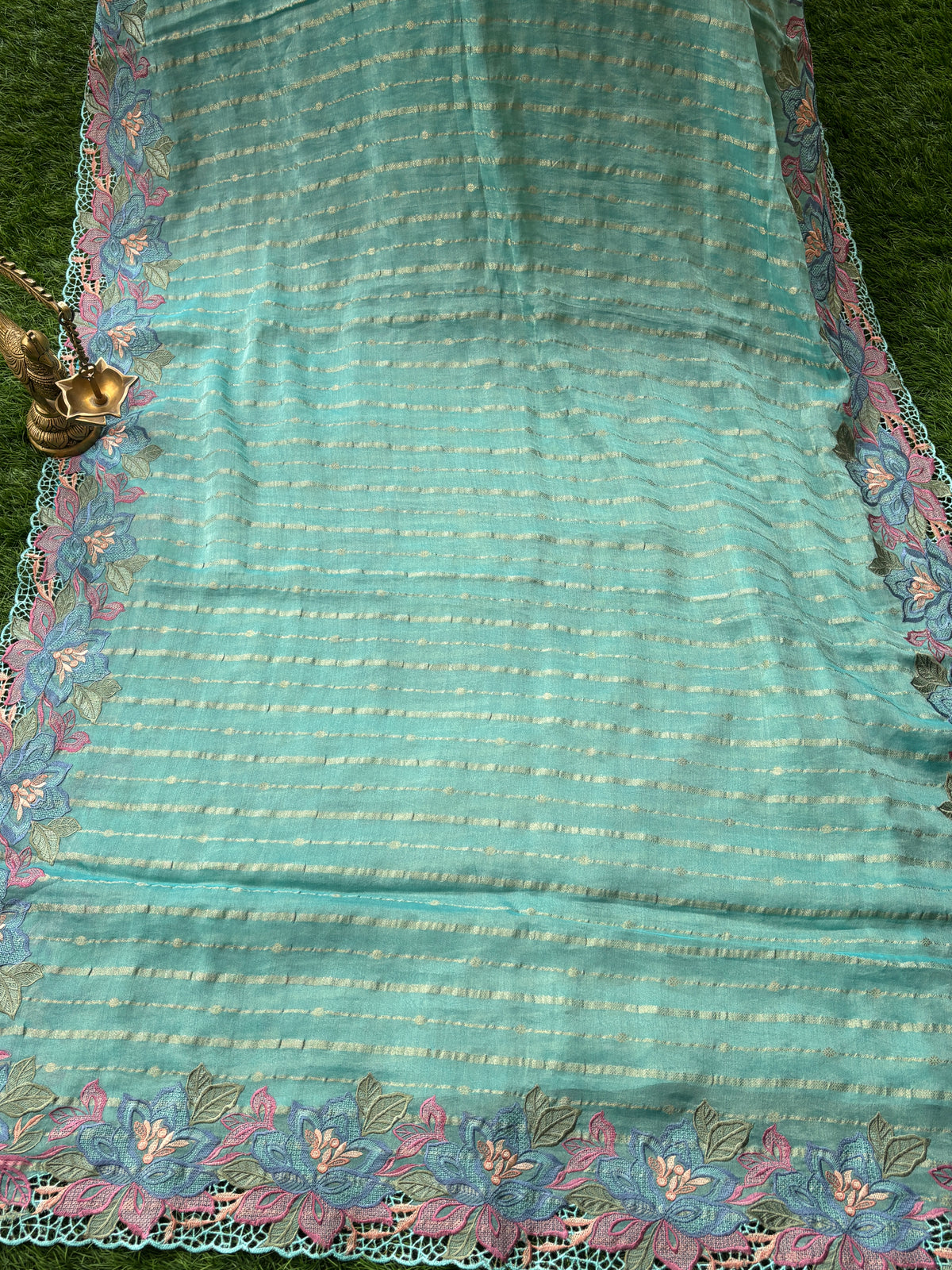 Elegant Sea Green Pure Tissue Silk Saree with All-Over Embroidery & Cutwork Design