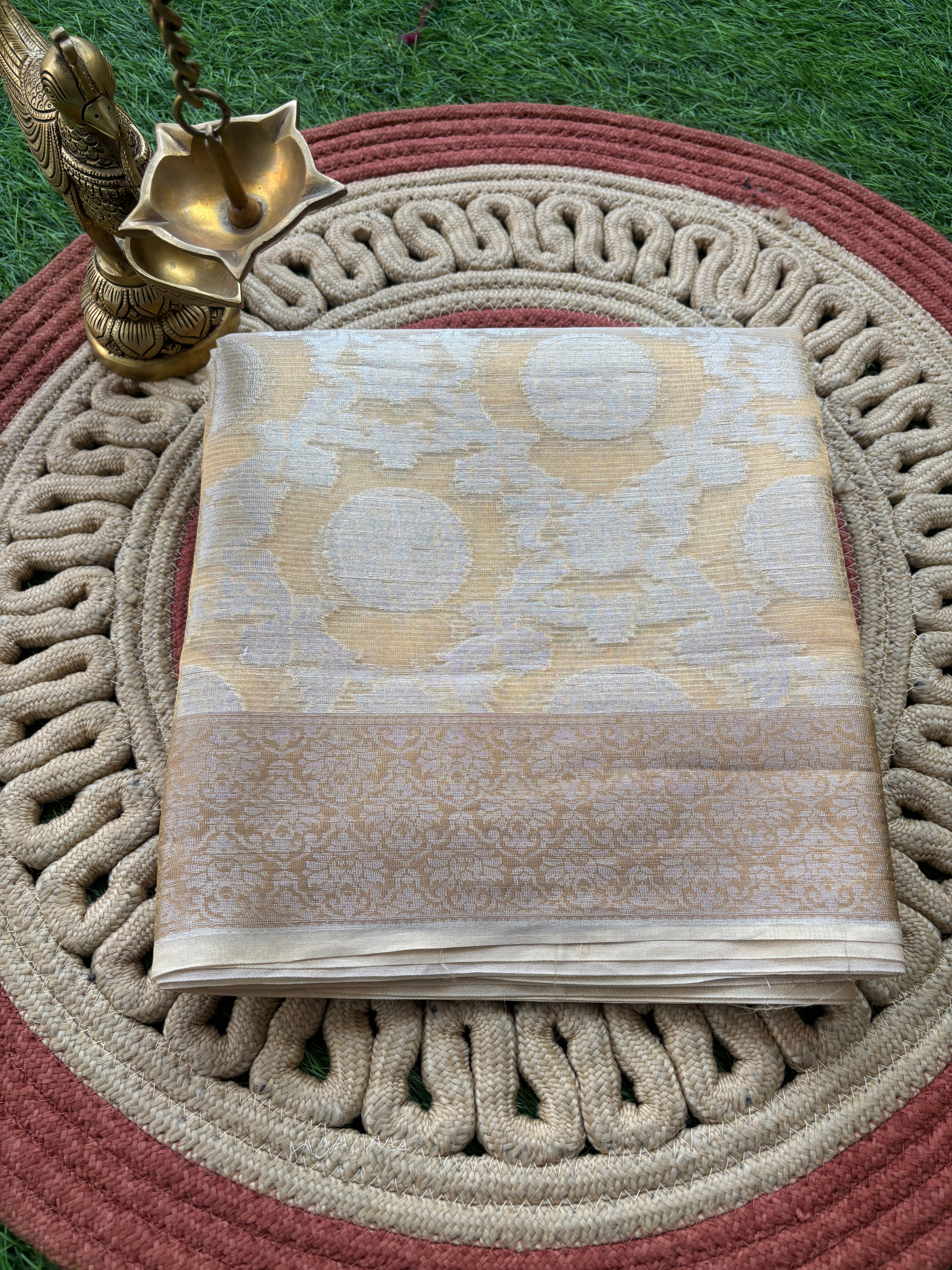 Beige Pure Banarasi Cotton Saree with Allover Jaal Silver Zari Work | Chandrika Lifestyles