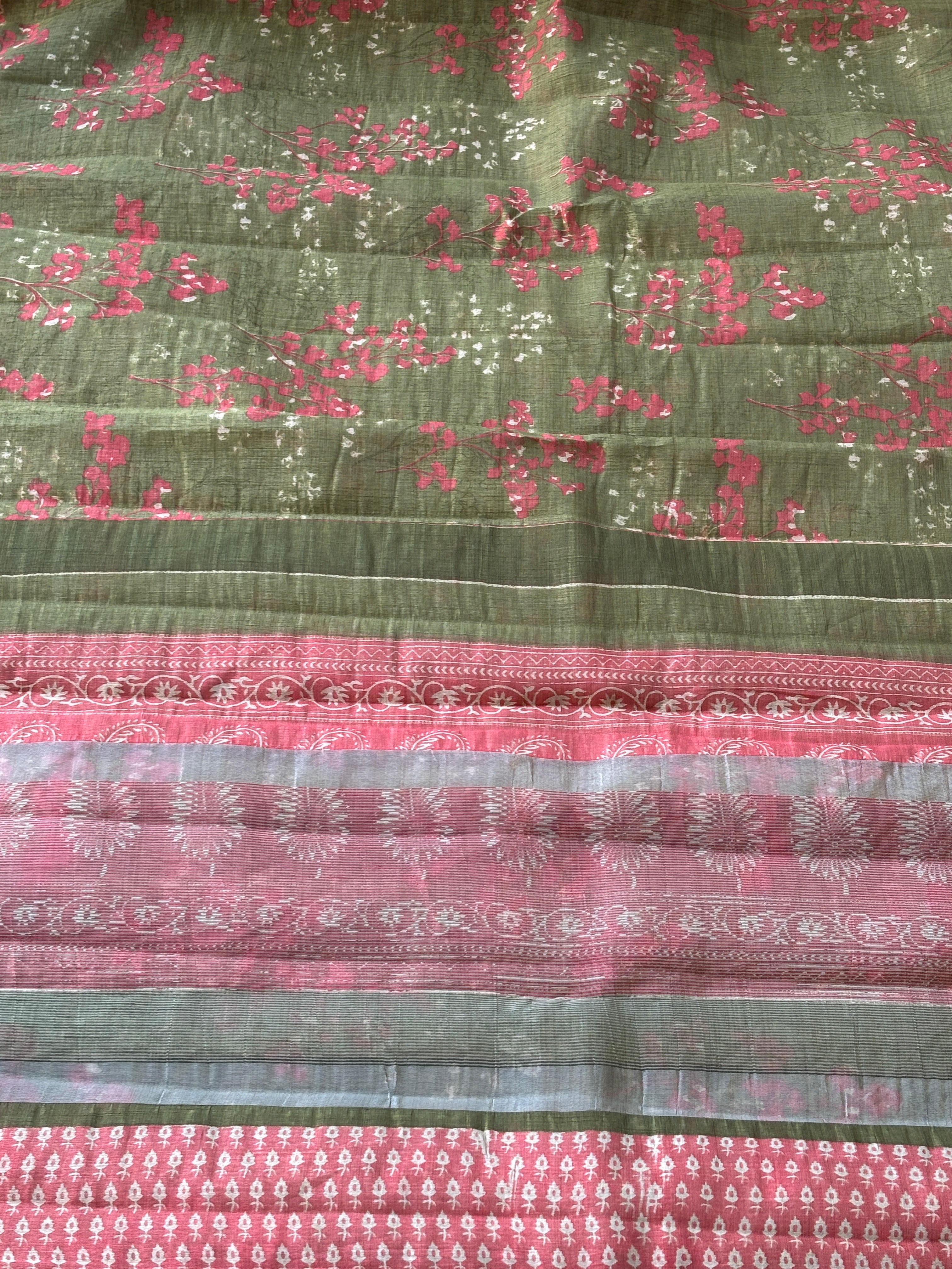 Olive Green Mercerized Cotton Saree with Allover Digital Print | Chandrika Lifestyles