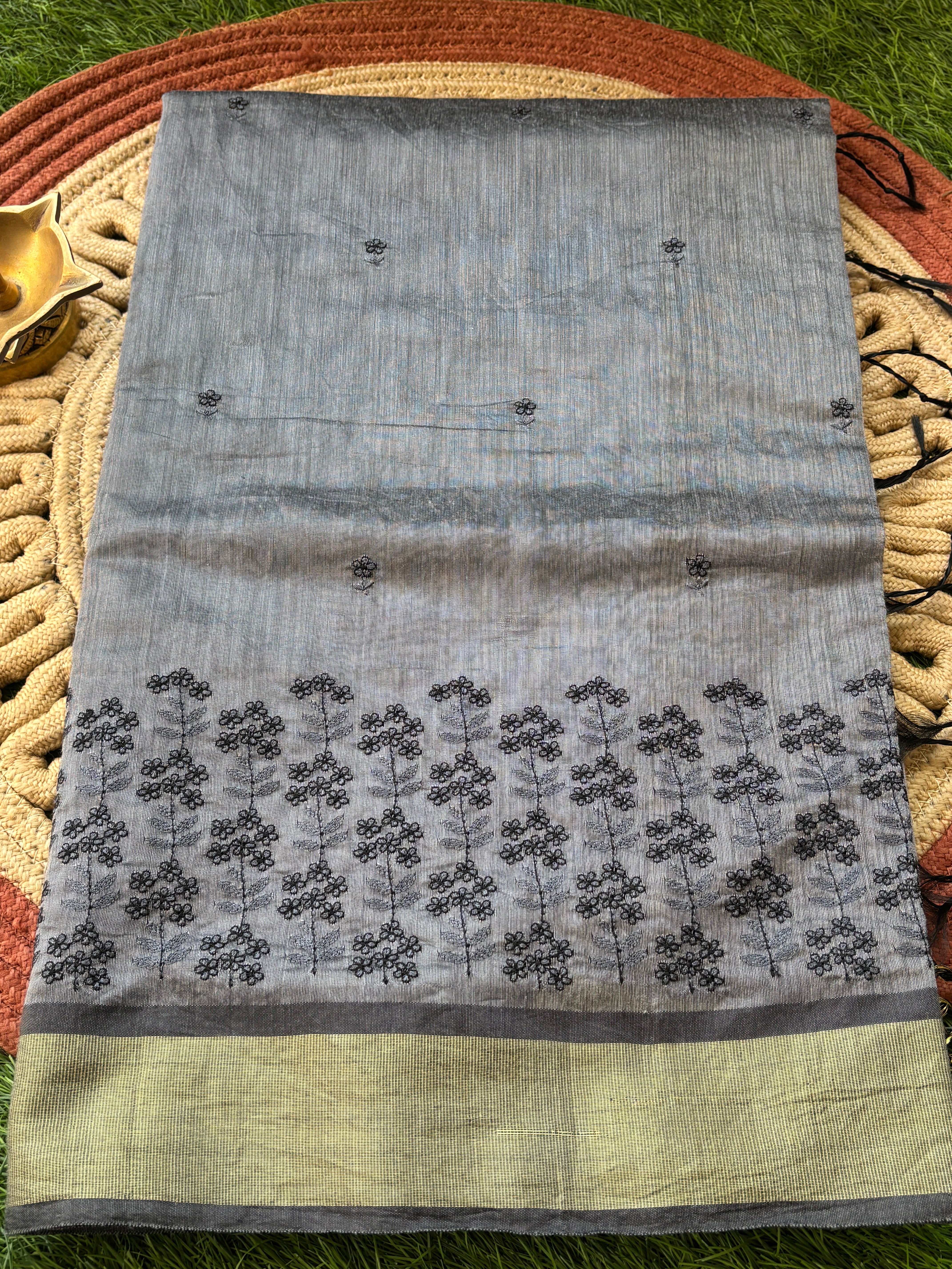 Grey Banarasi Mercerised Cotton Saree with Embroidered Border