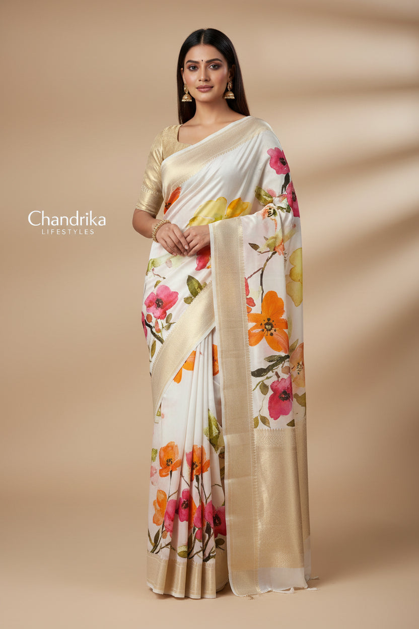 Off White Pure Crepe Silk Saree with Floral Digital Print