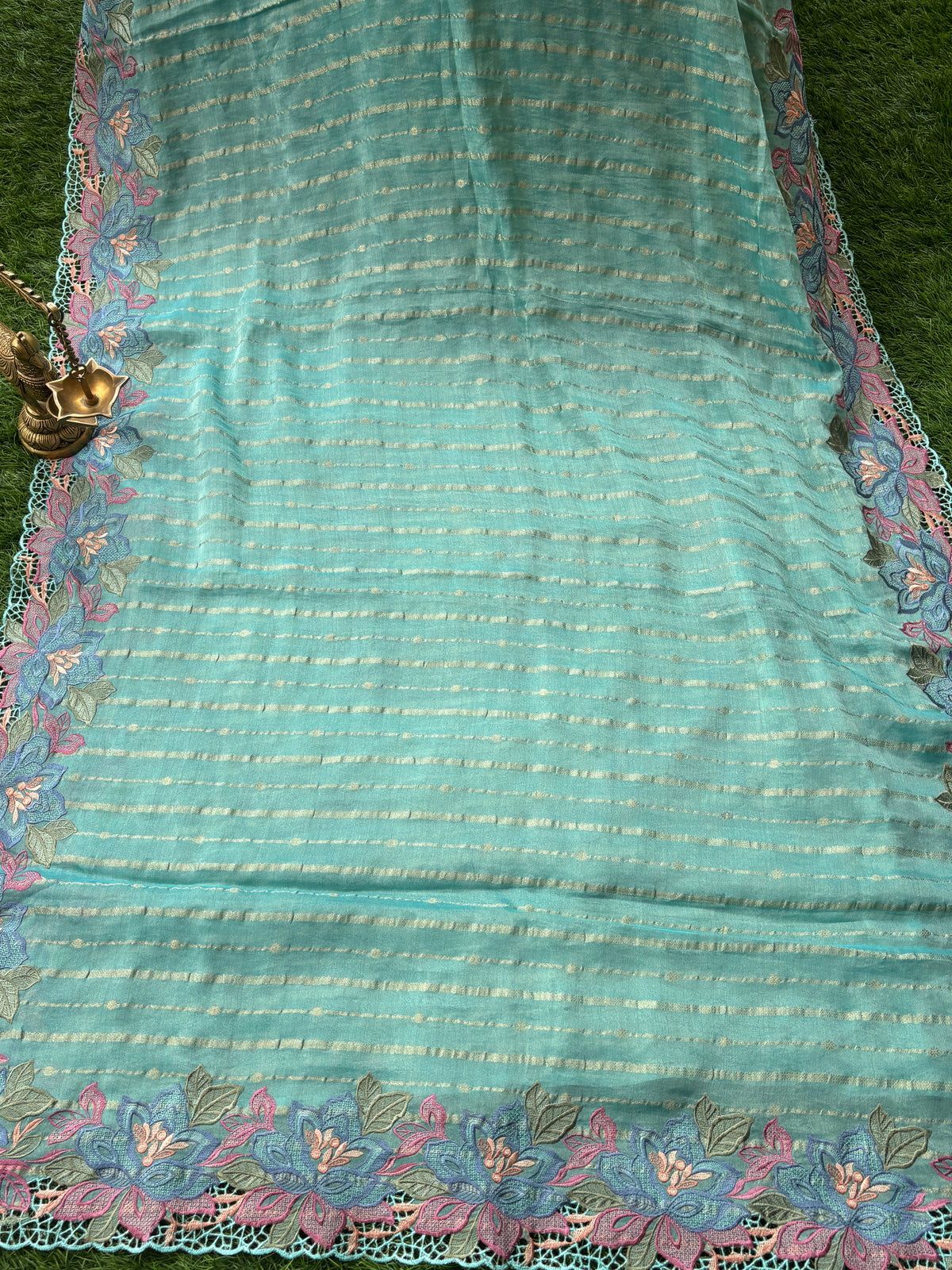 Elegant Sea Green Pure Tissue Silk Saree with All-Over Embroidery & Cutwork Design