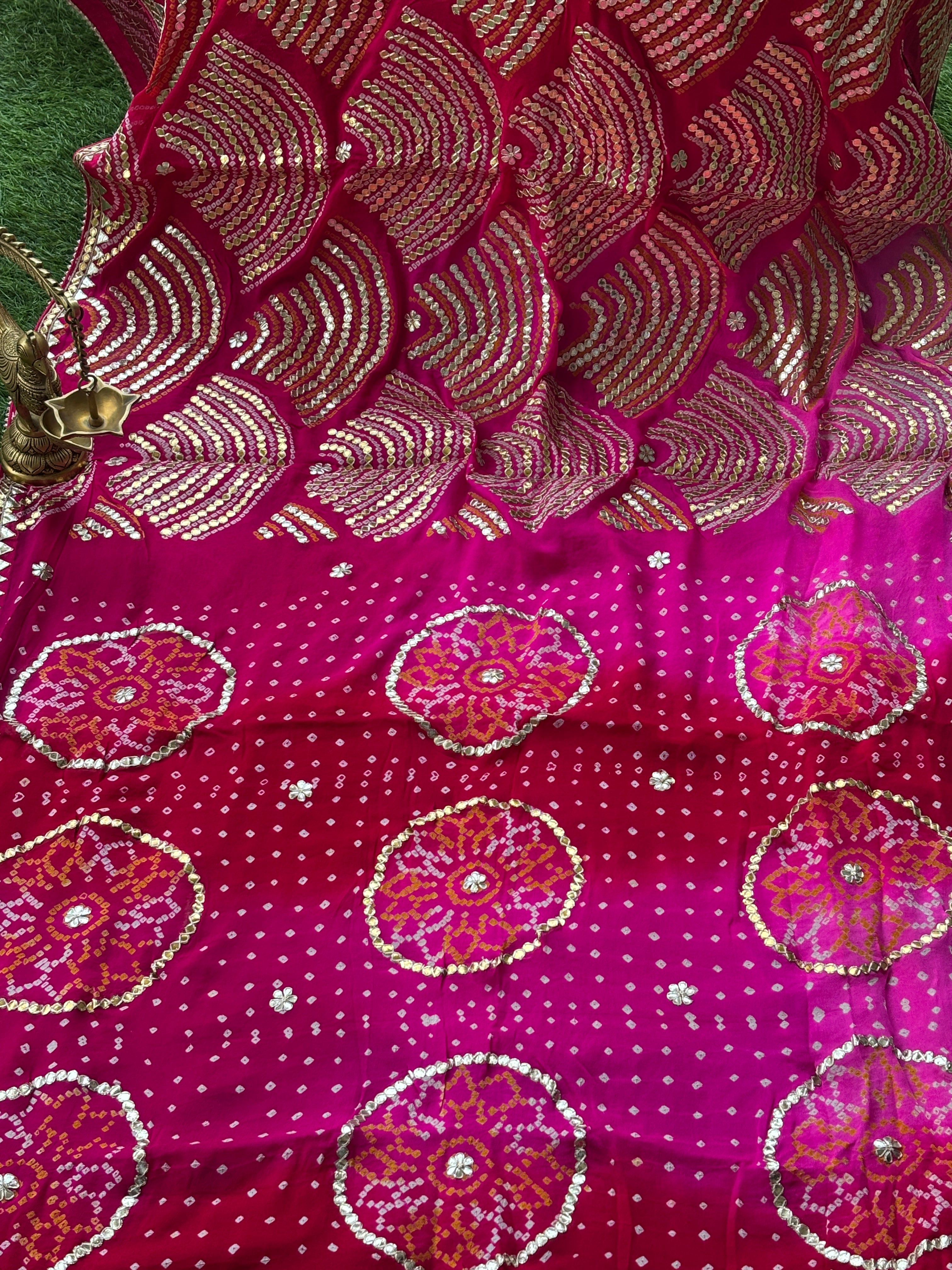 Red Pink Pure Chiffon Bandhej Saree with Boota Patti Border | Chandrika Lifestyles