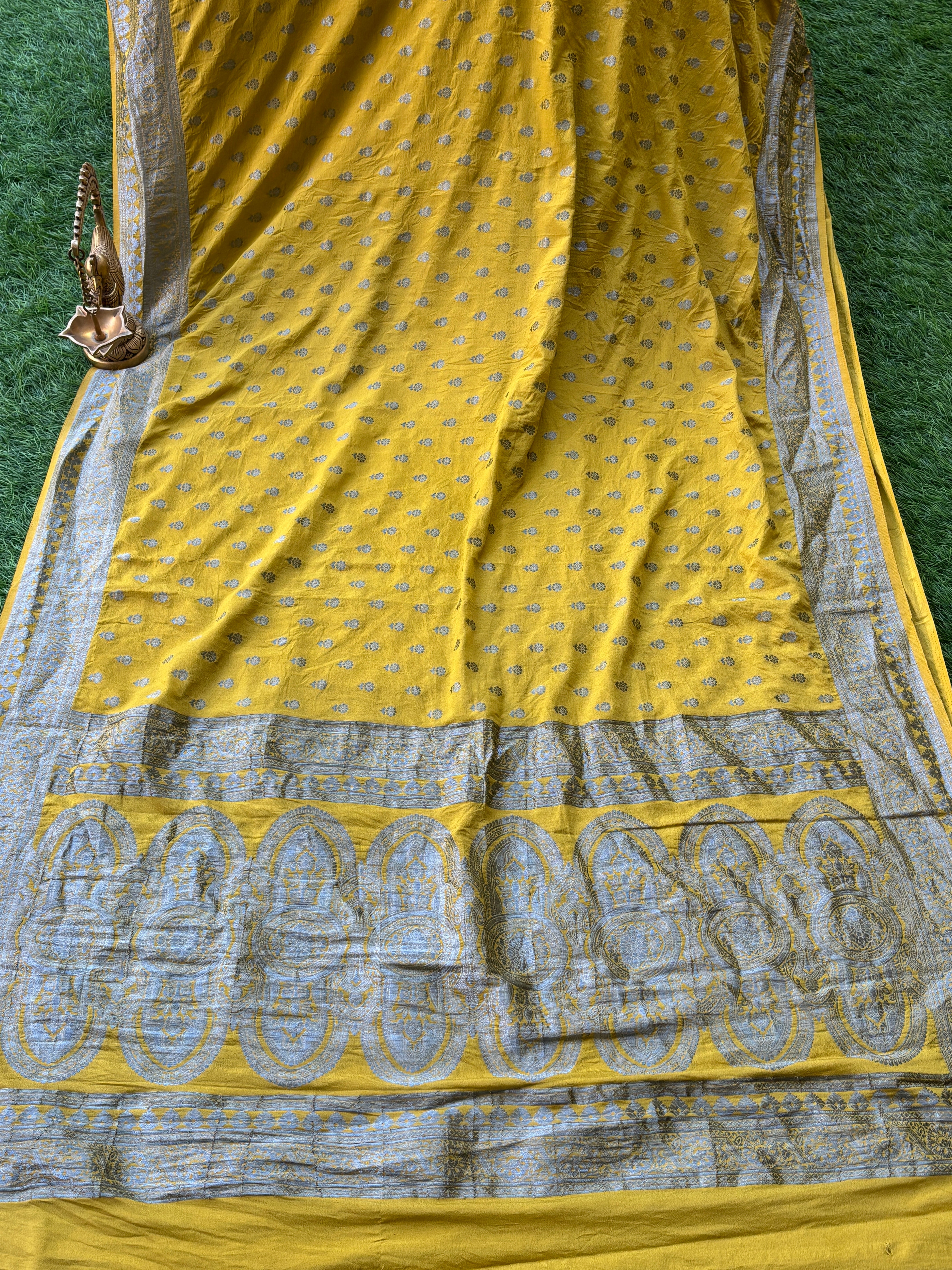 Lemon Yellow Art Silk Saree with Silver Zari Butta & Zari Pallu | Chandrika Lifestyles