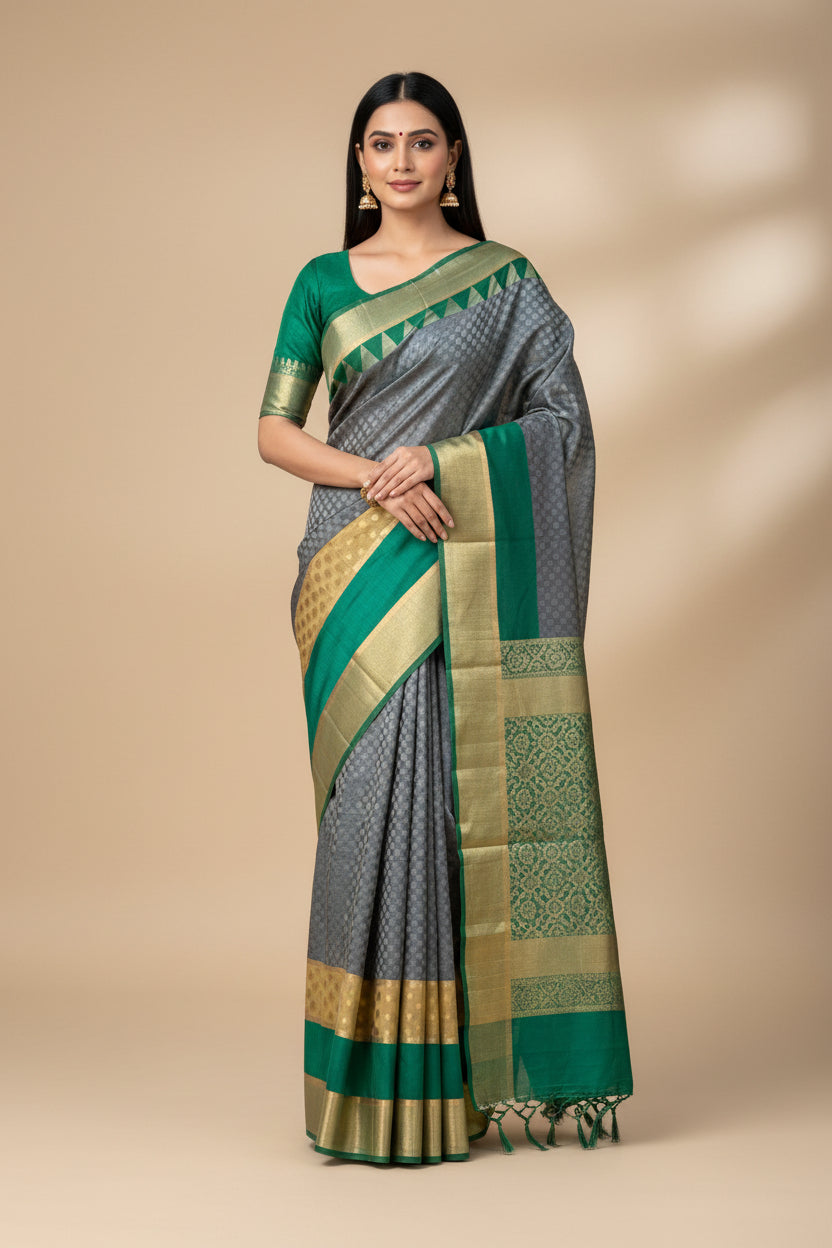 Pure Munga Silk Saree in Grey & Green with All-Over Weaving and Zari Woven Pallu