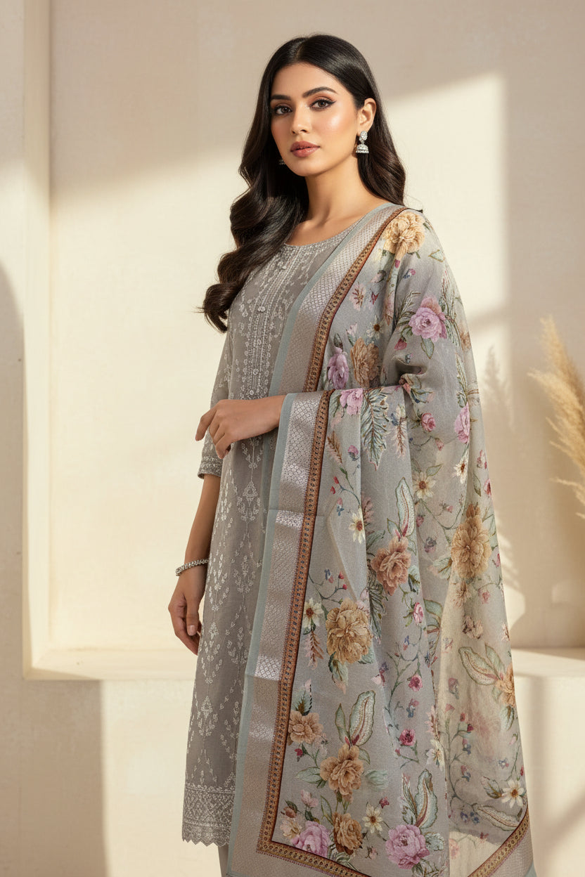Pure Cotton All-Over Embroidery Jaal Suit Material with Matching Digital Printed Dupatta – Metallic Grey / Wine