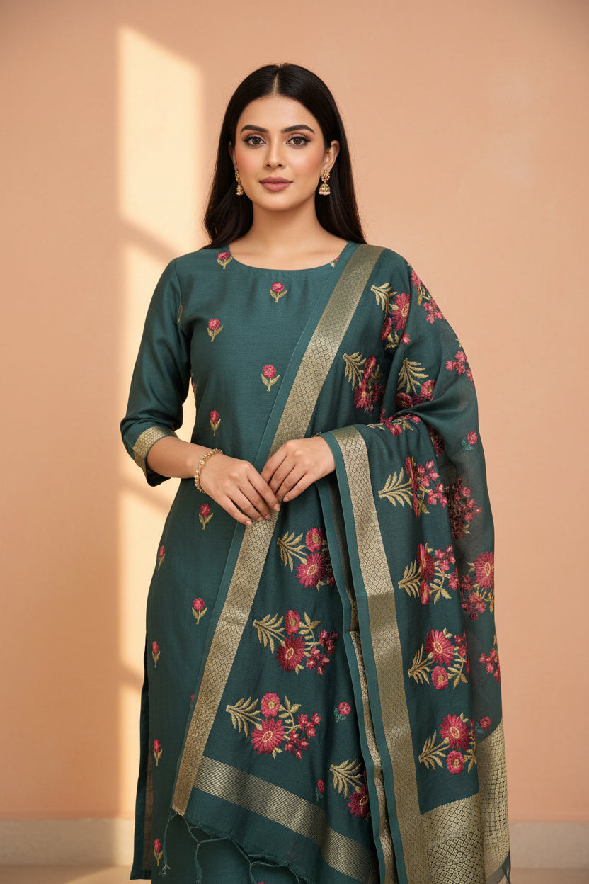 Pure Cotton Embroidered Suit Material with Embroidered Cotton Dupatta – Dark Sea Green Elegance