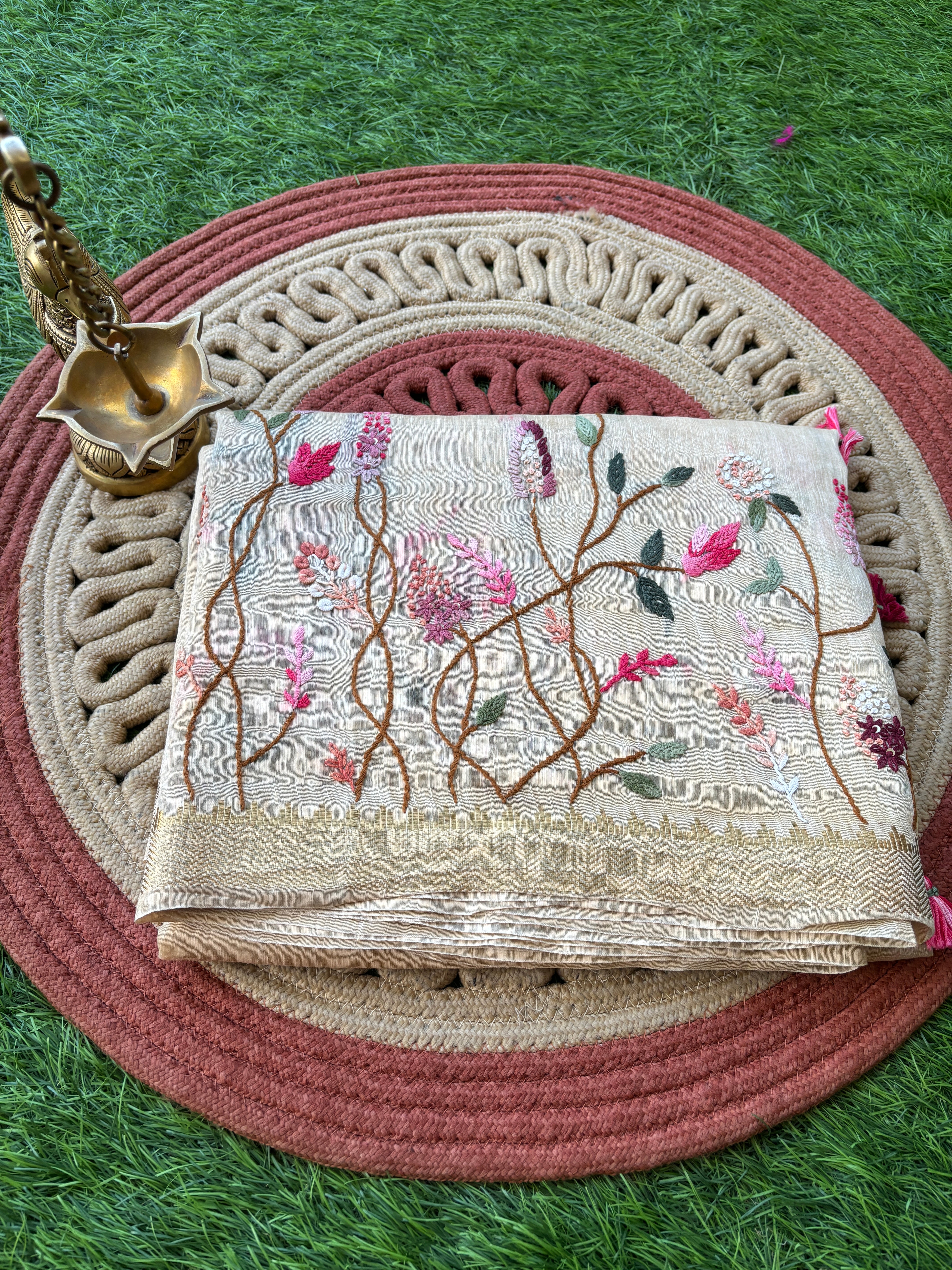Off-White Pure Linen Saree with Allover Floral Embroidery | Chandrika Lifestyles