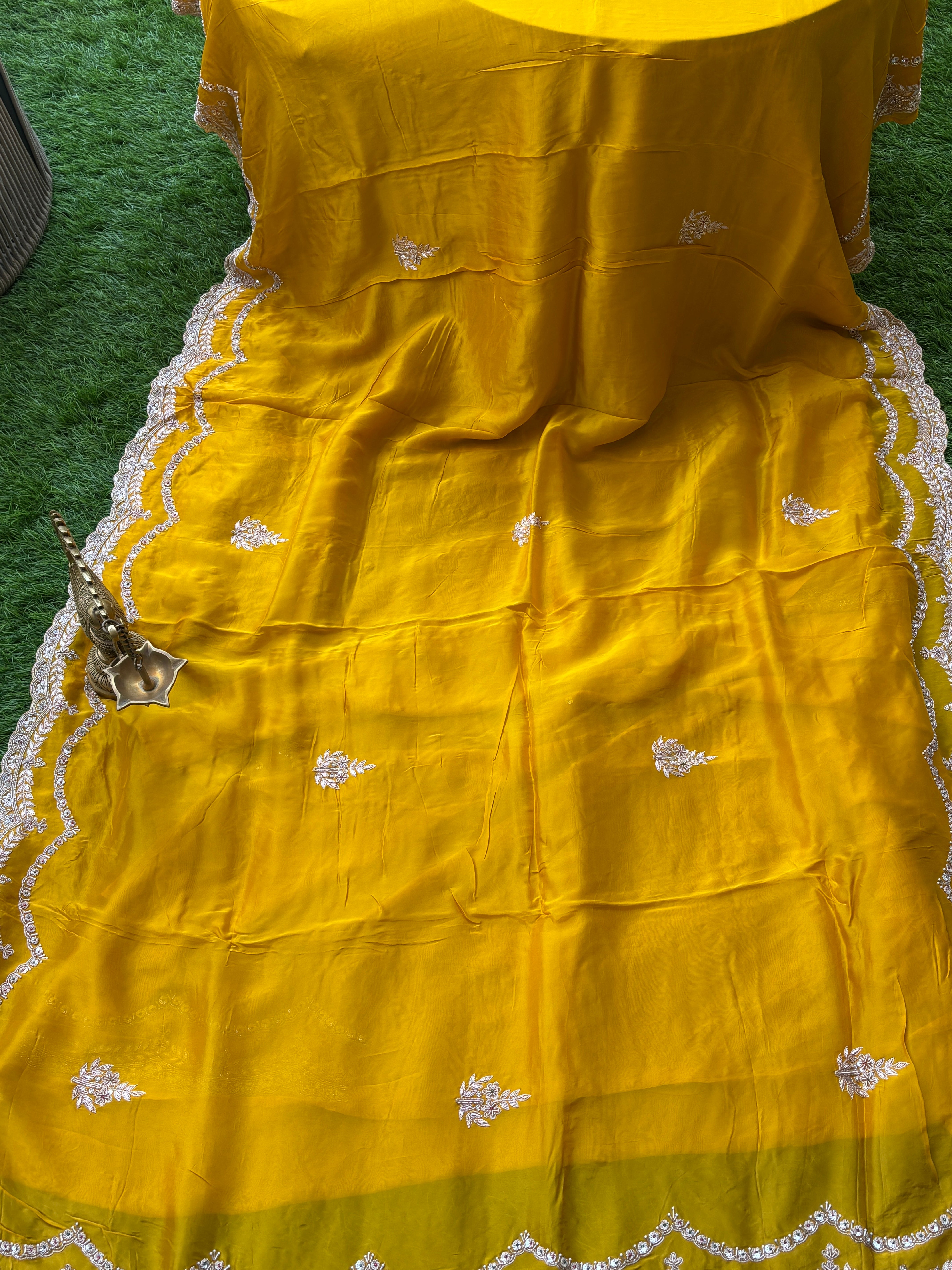 Mango Yellow Pure Crepe Silk Saree with Scallop & Zardozi Work | Chandrika Lifestyles