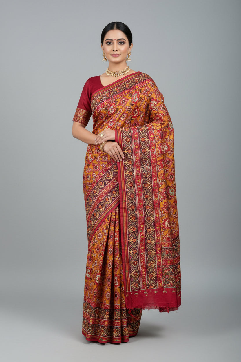 Yellow Tussar Silk Patola Saree with Aari Work & Red Border | Chandrika Lifestyles
