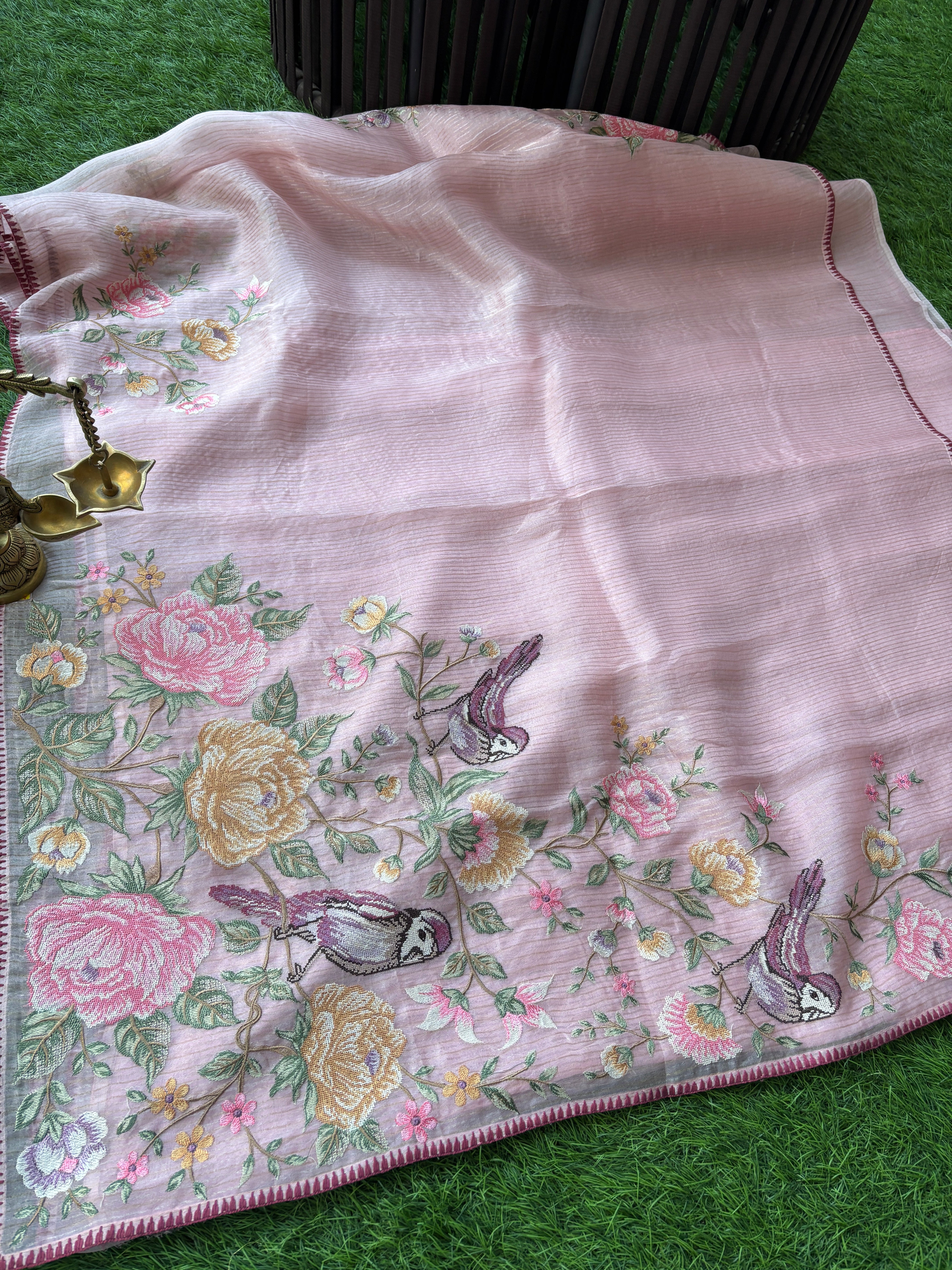 Baby Pink Pure Organza Saree with Floral & Bird Embroidery