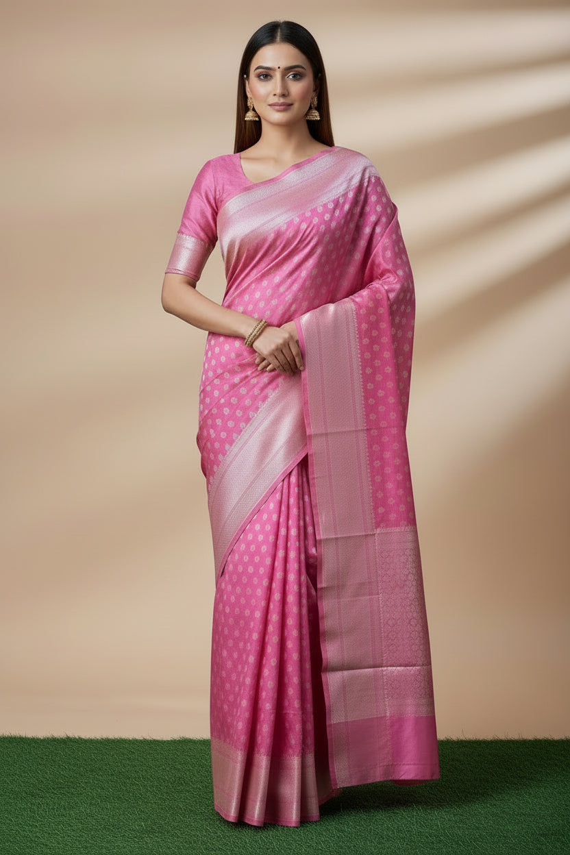 Pink Mercerized Cotton Saree with Allover Weaving | Chandrika Lifestyles