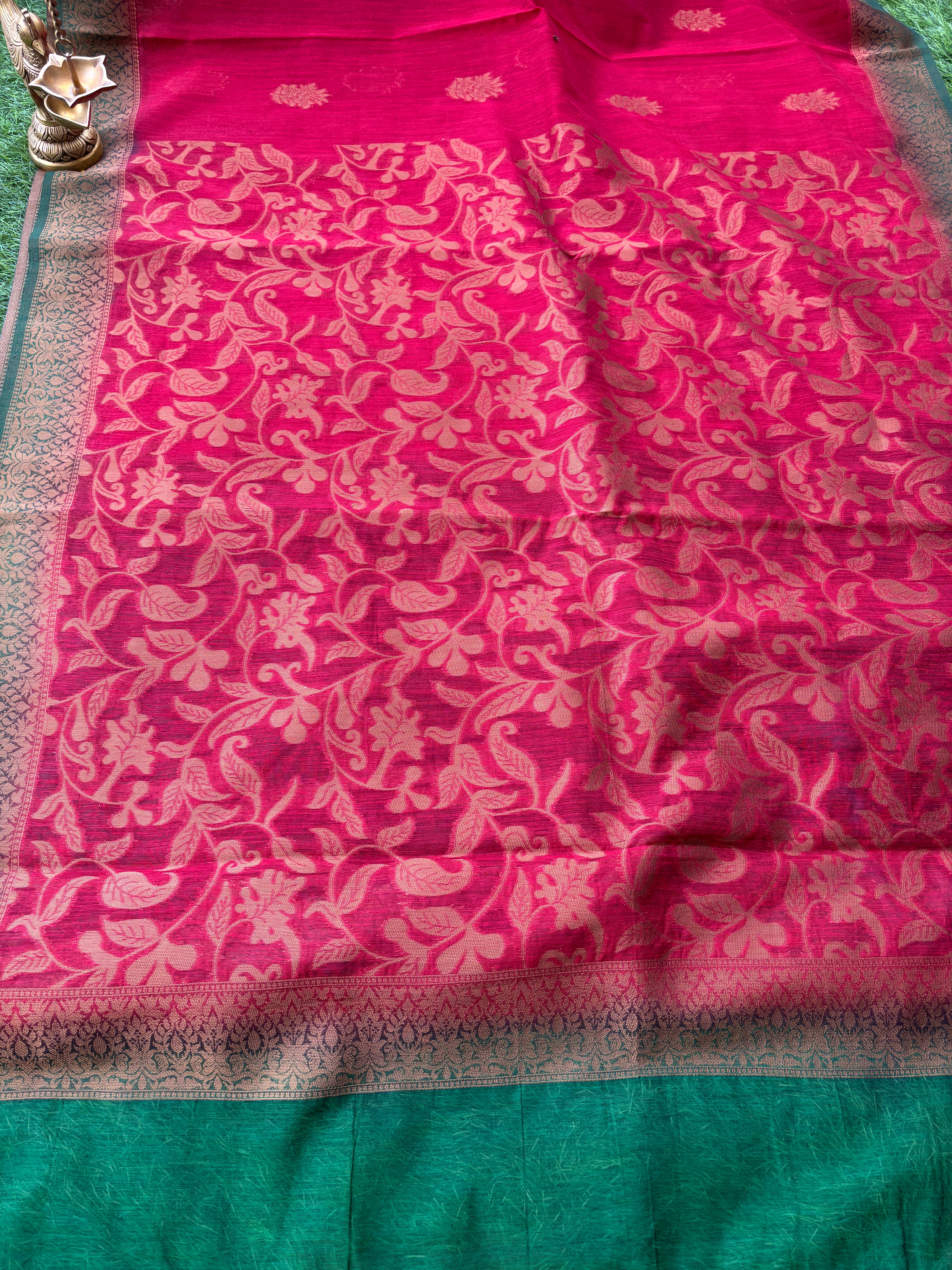 Red Banarasi Cotton Saree with Allover Weaving & Green Border | Chandrika Lifestyles