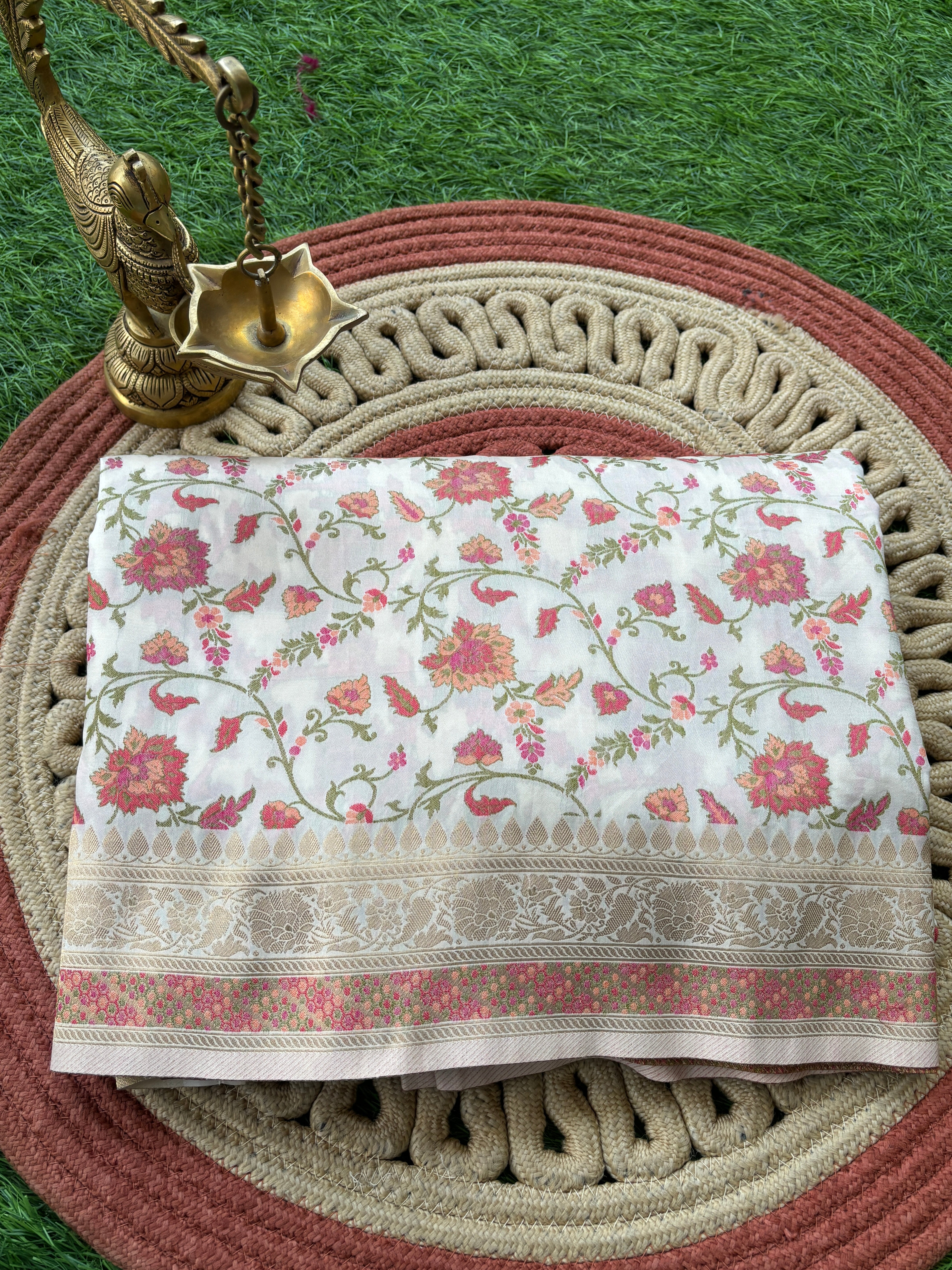 Off-White Banarasi Art Silk Saree with Allover Jaal Weaving | Chandrika Lifestyles