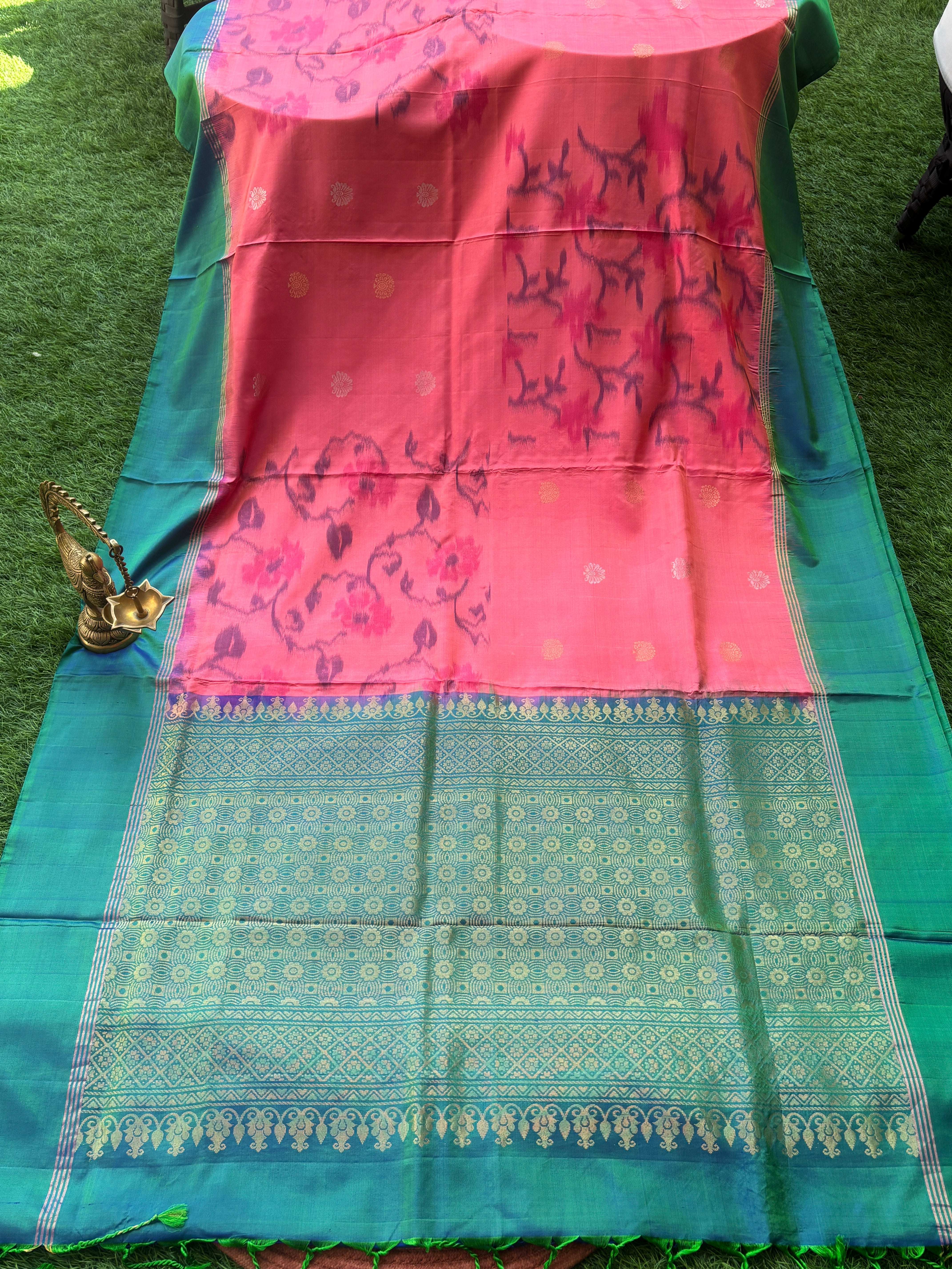 Pure Silk Peach Pink Saree with Zari Bootas, Green Border and Ikat Pallu