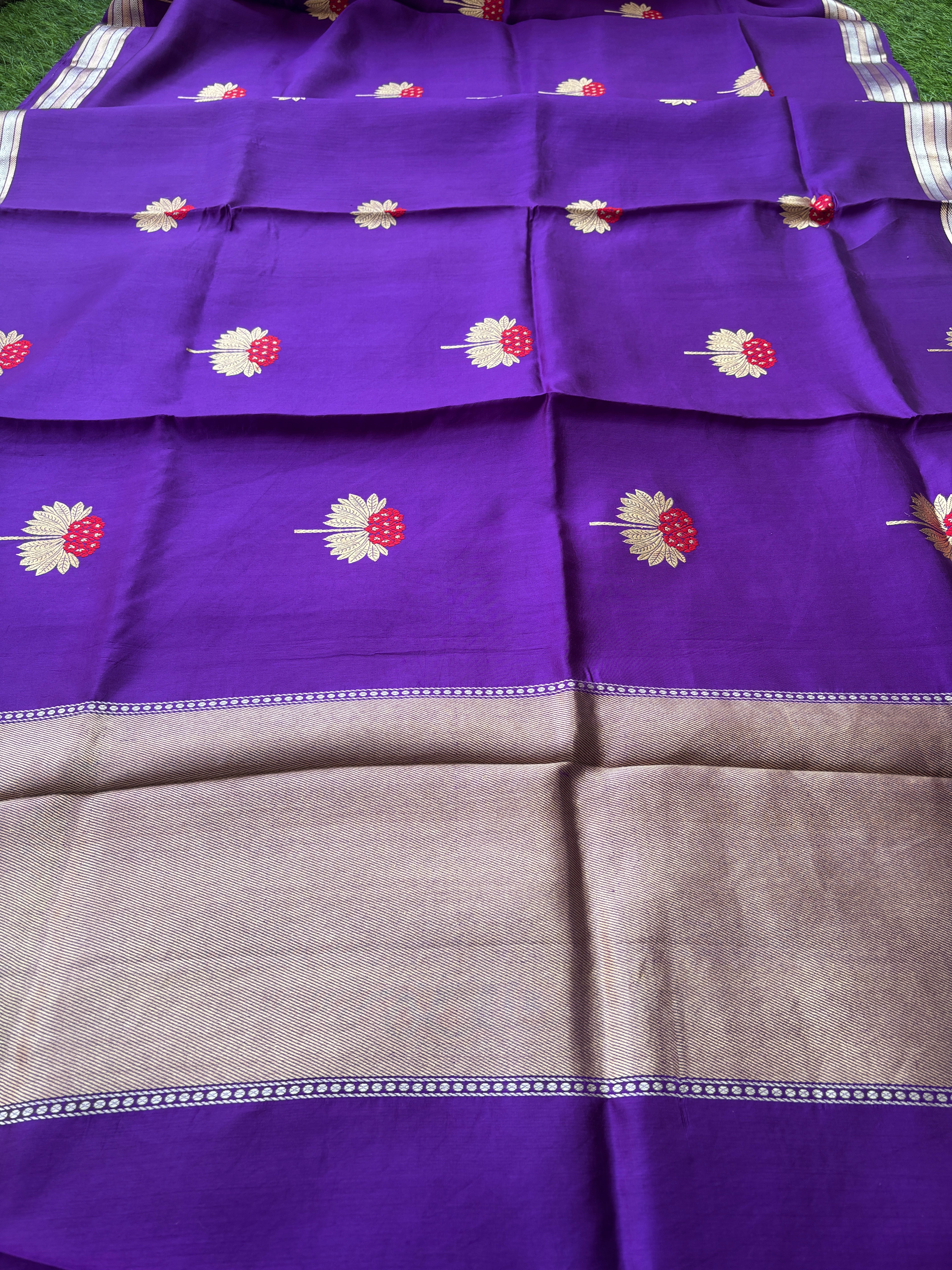 Royal Purple Pure Silk Banarasi Saree with Red Blouse & Golden Zari Floral Motifs | Chandrika Lifestyles