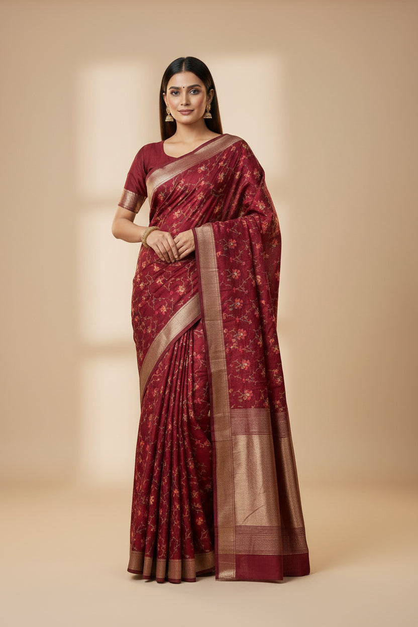 Maroon Georgette Saree with Thread Weaving, Floral Embroidery & Zari Woven Pallu