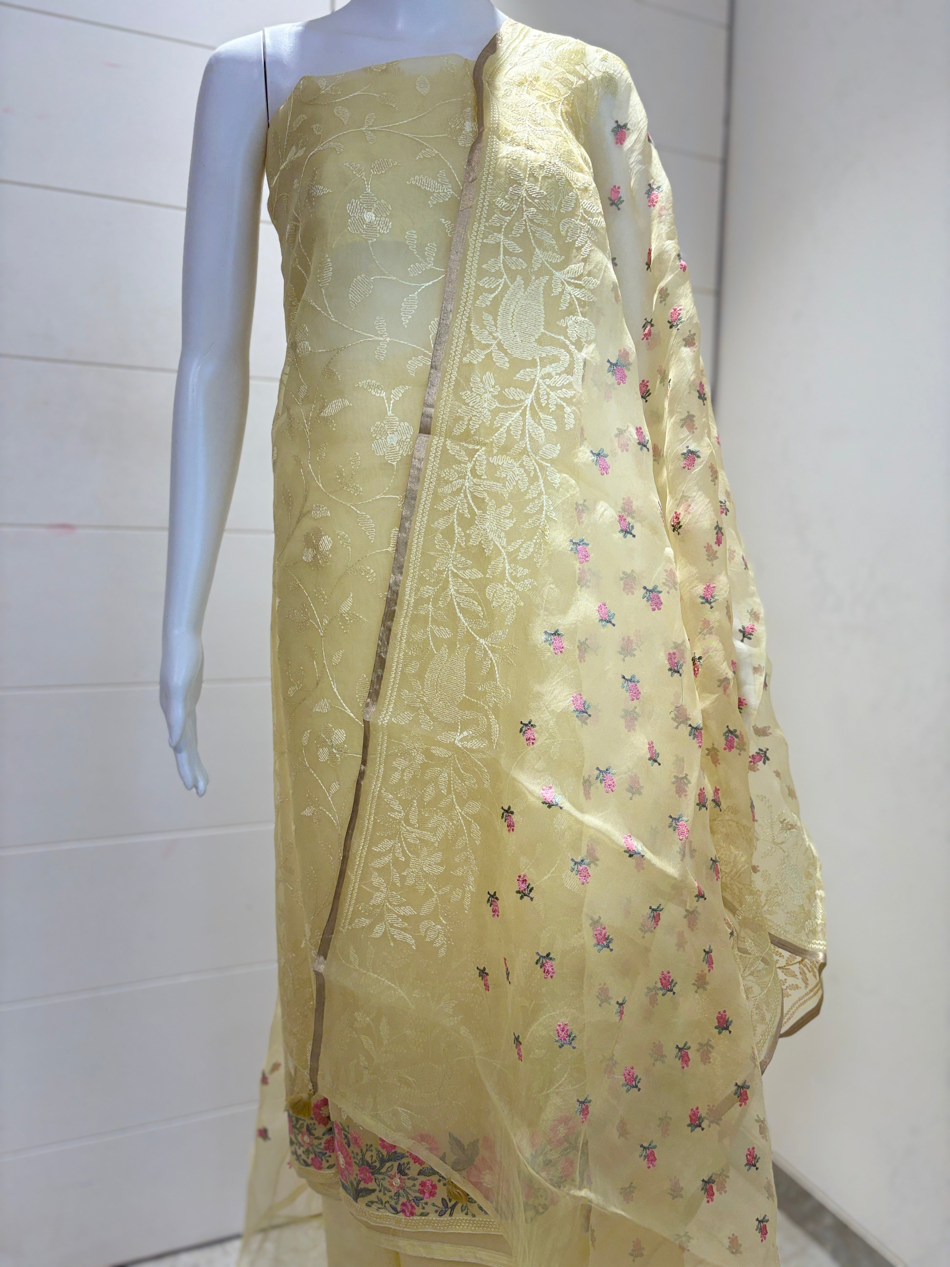 Pure Organza Lemon Yellow Suit Material with All-Over Thread Embroidery & Pink Embroidered Organza Dupatta