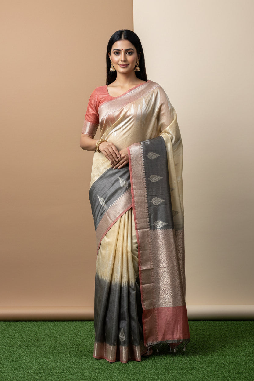 Beige & Dark Brown Pure Tissue Kora Saree – Fancy Elegant Drape | Chandrika Lifestyles