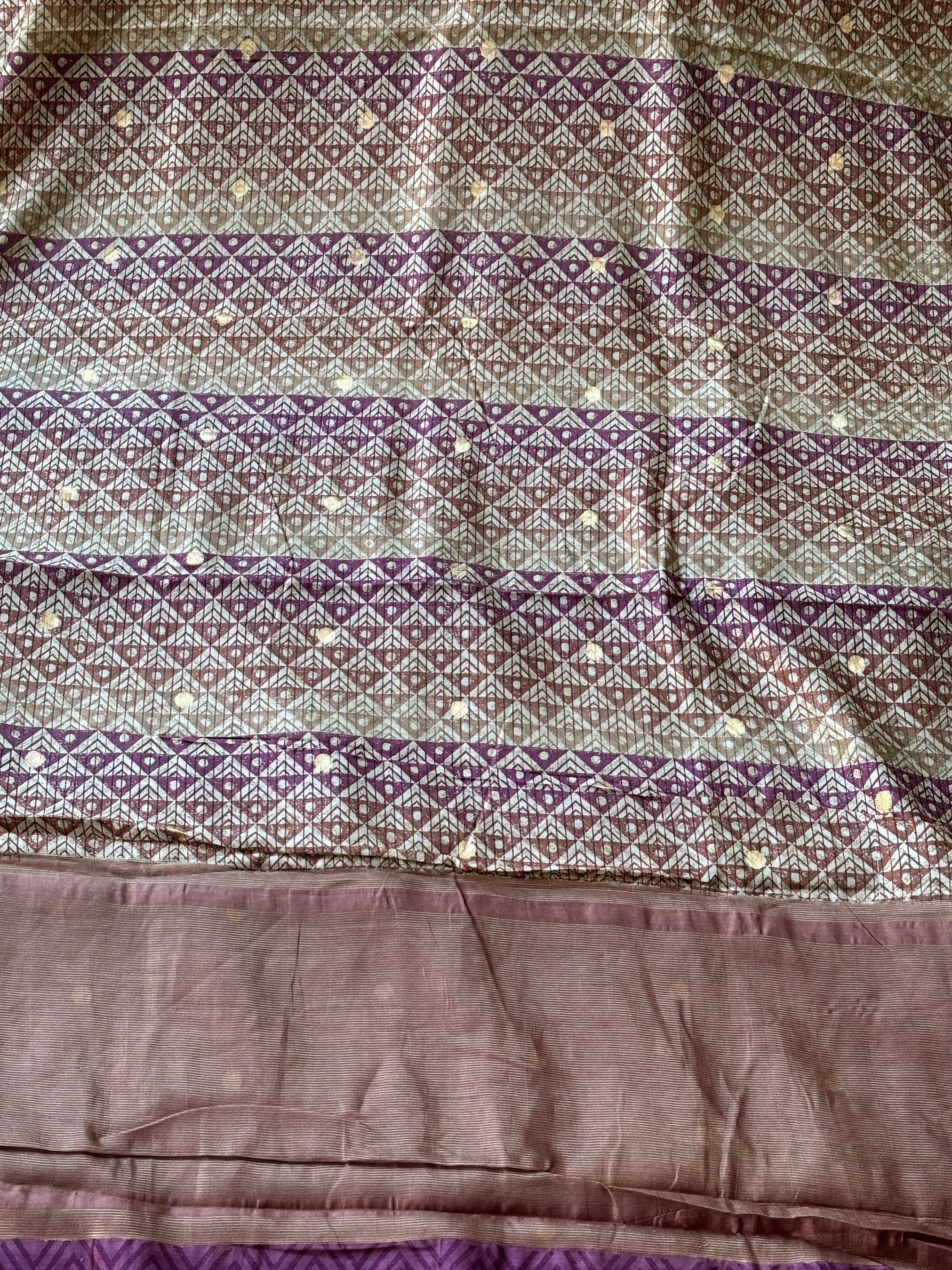 Purple Pink & Beige Pure Munga Silk Saree with Geometric Print and Zari Booties