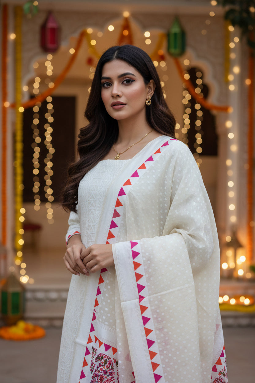 Off-White Banarasi Silk Cotton Suit Material with Temple Weaving, Meenakari Detailing & Banarasi Woven Dupatta