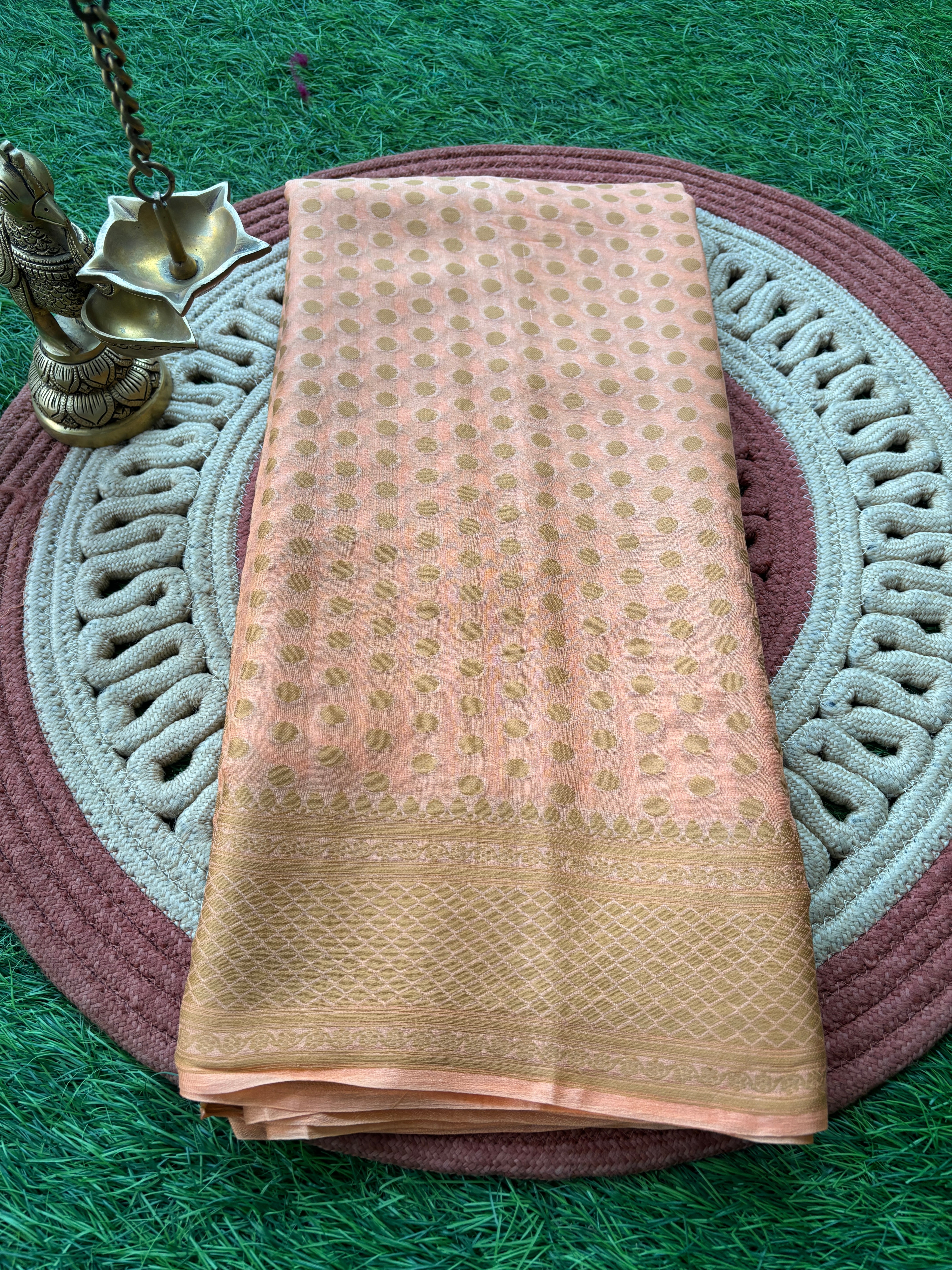 Peach Banarasi Pure khaddi Chiffon Saree with Resham Weaving Border and Buttas