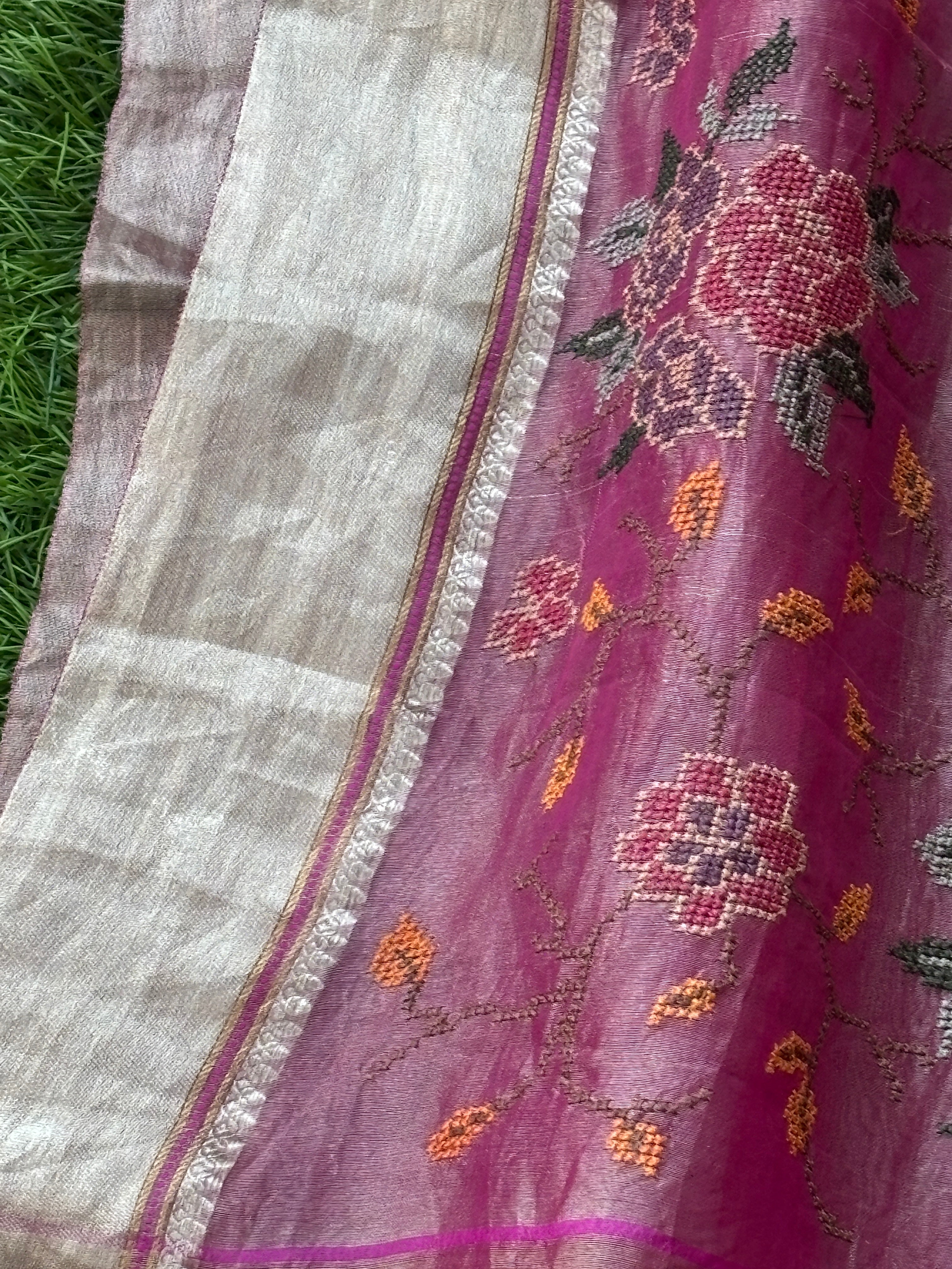 Royal Pink Pure Tissue Kora Silk Saree with Allover Matte Embroidery | Chandrika Lifestyles