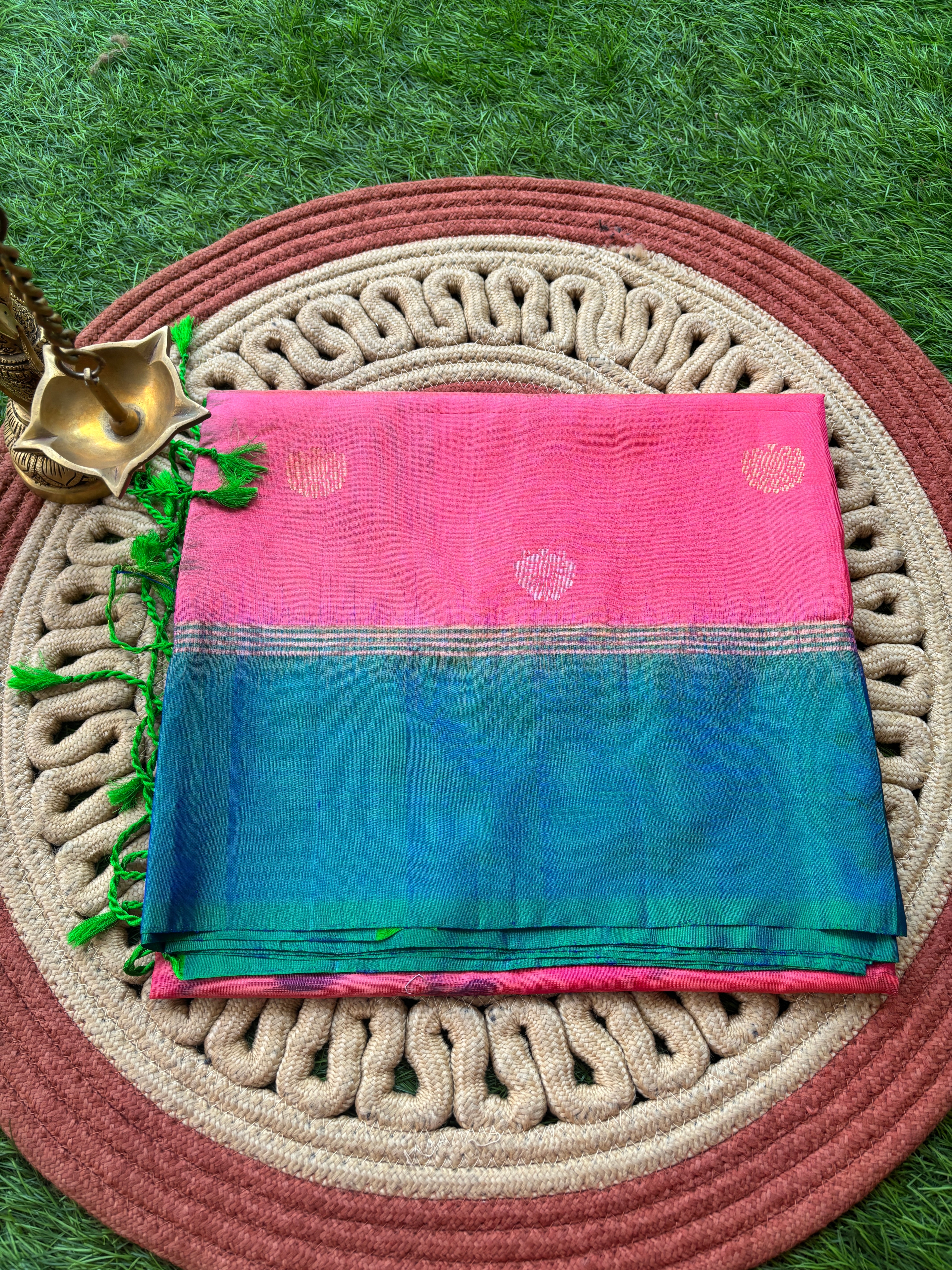 Pure Silk Peach Pink Saree with Zari Bootas, Green Border and Ikat Pallu