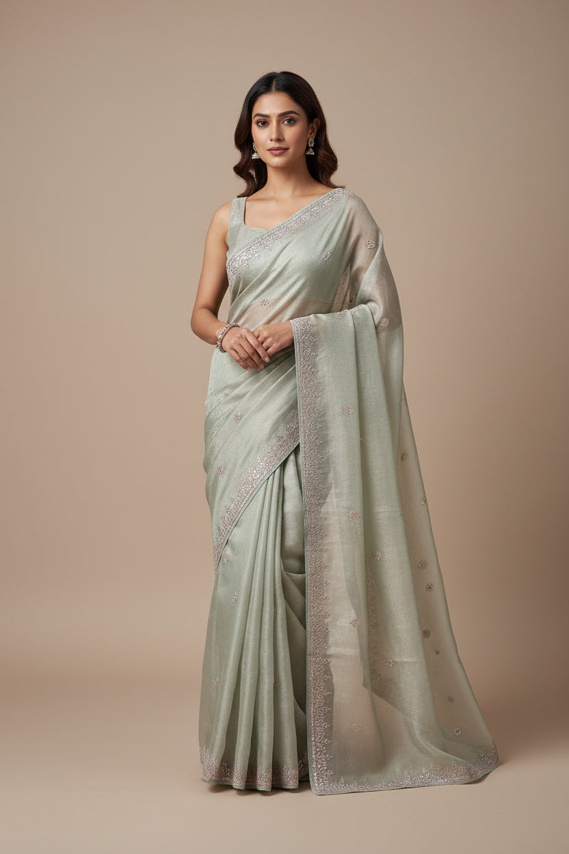 Elegant Pista Pure Tissue Silk Saree with Gota Buttas & Designer Gota Border