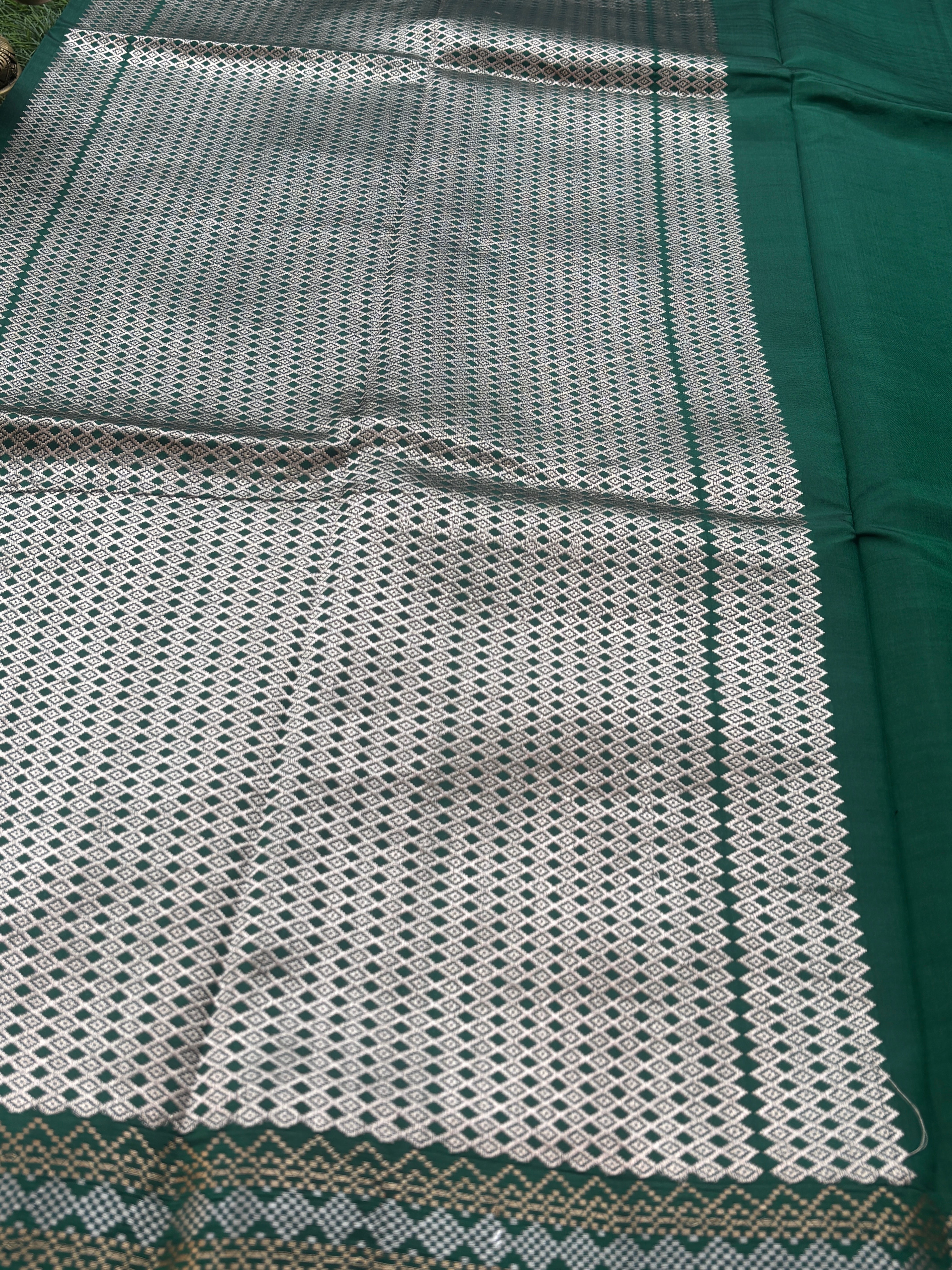 Bottle Green Pure Banarasi Saree with Silver Zari Embroidery, Butta & Border | Chandrika Lifestyles