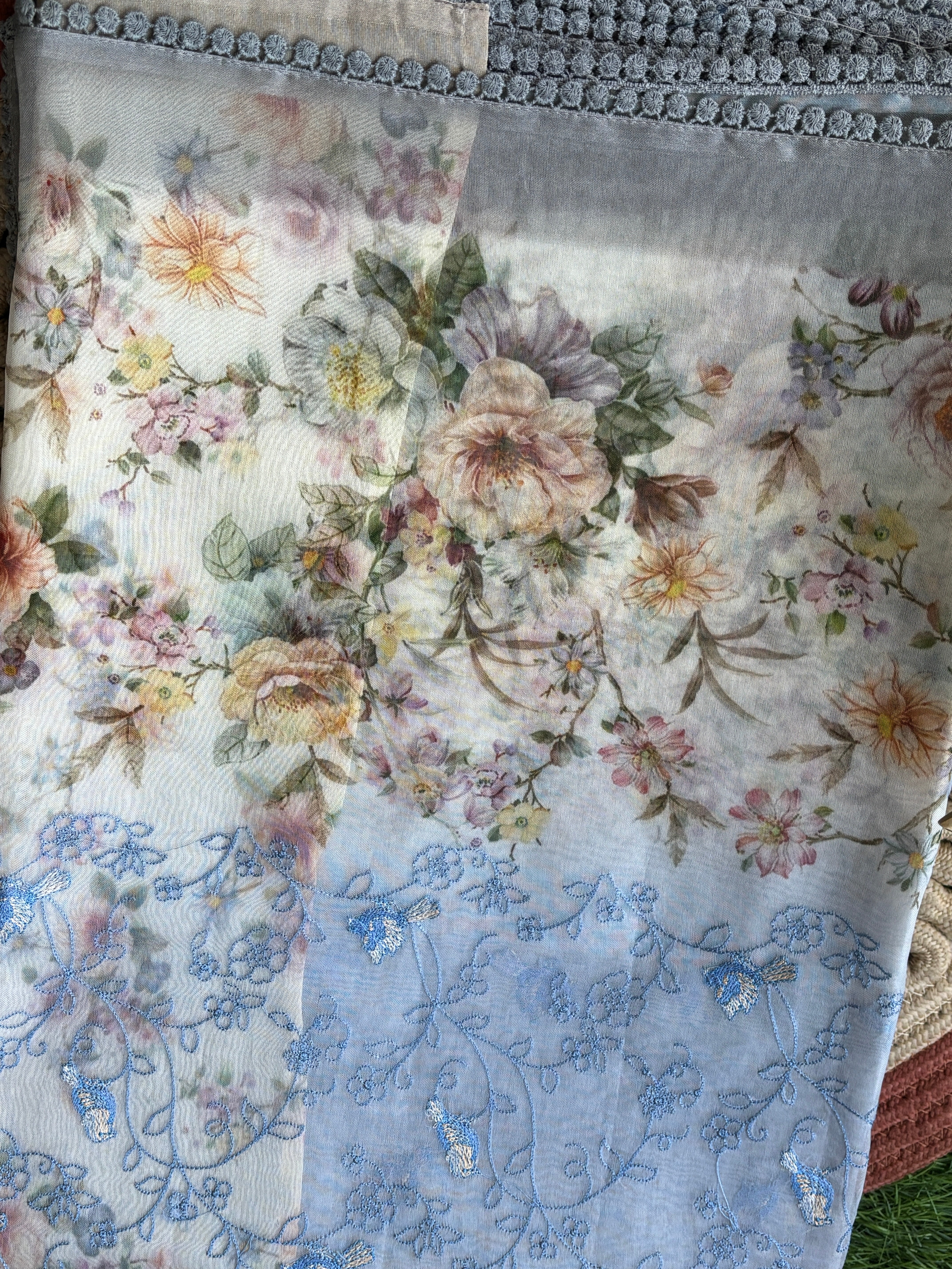 White & Sky Blue Pure Organza Saree with Thread Embroidery & Digital Print