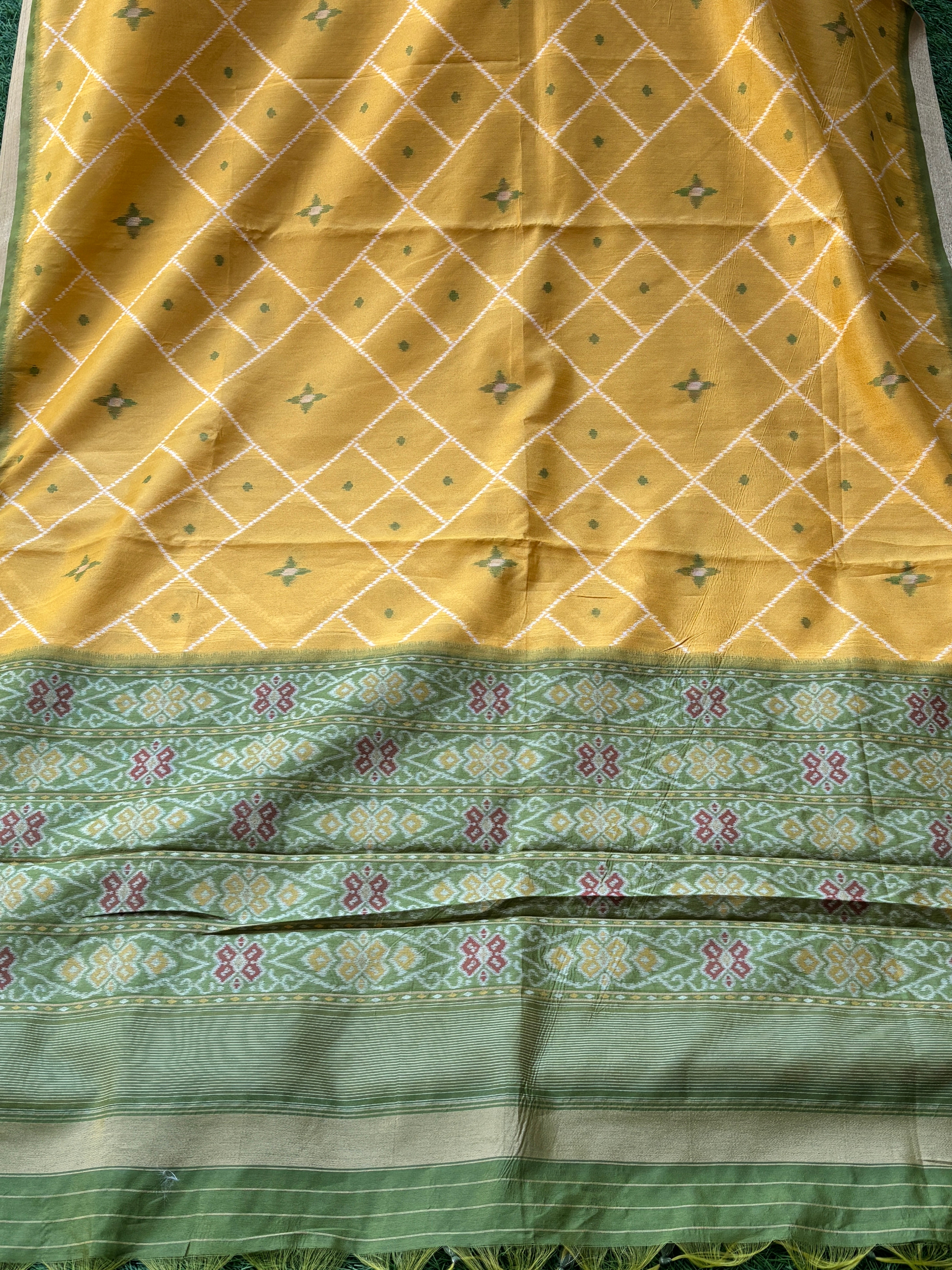 Yellow Mercerized Cotton Saree with Allover Ikat Print | Chandrika Lifestyles
