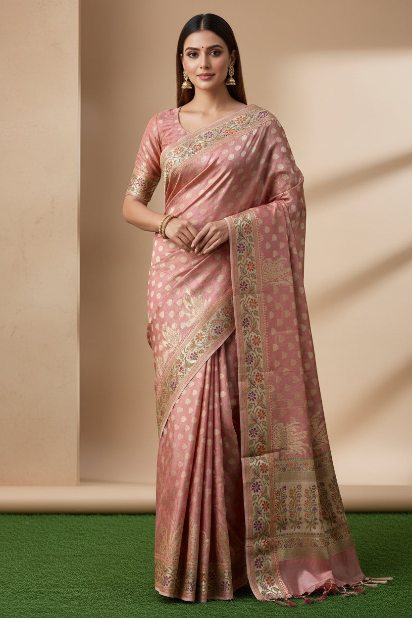 Peach Pink Banarasi Cotton Saree with Floral Meenakari Work & Border | Chandrika Lifestyles