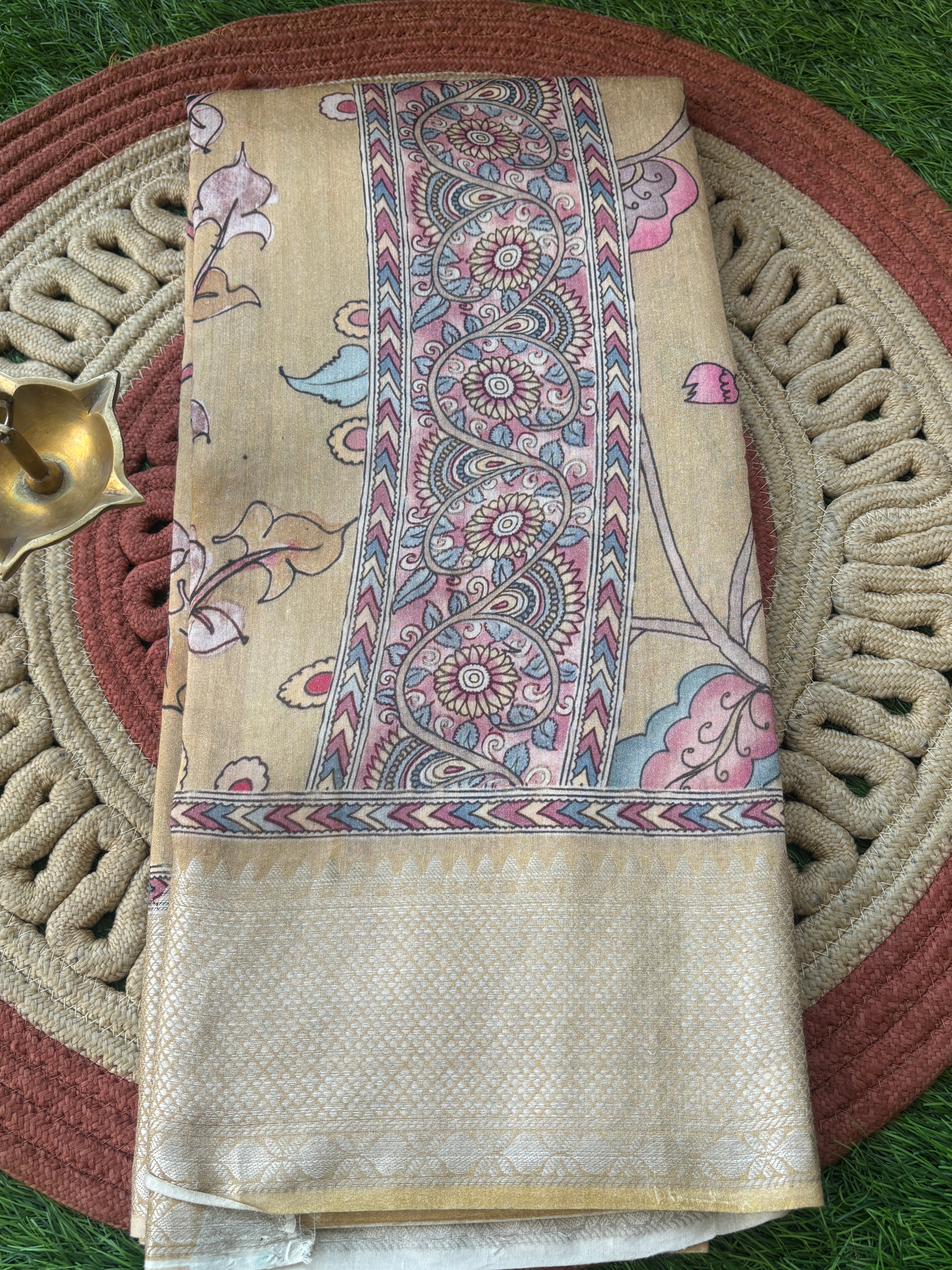 Beige Pure Munga Silk Saree with Digital Kalamkari Print & Zari Woven Pallu