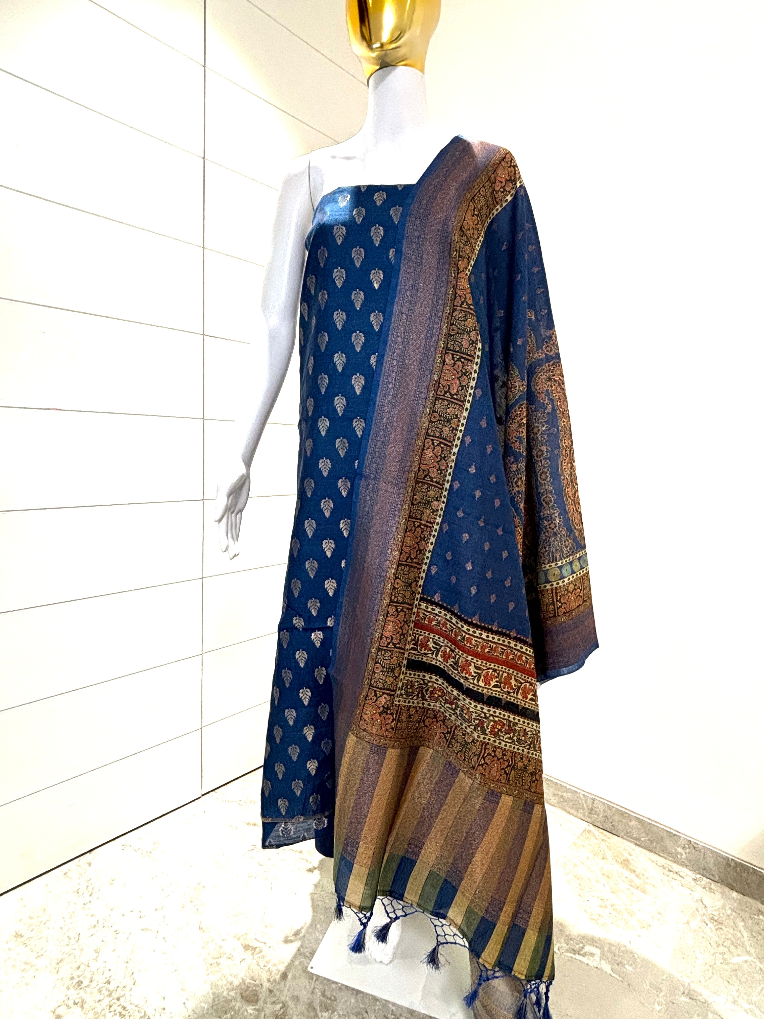 Pure Navy Blue Banarasi Suit Material with All-Over Zari Butta & Meenakari Woven Dupatta