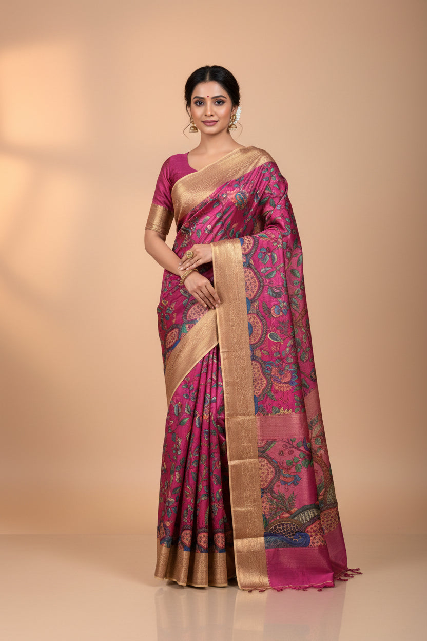 Purple Rani Pink Banarasi Mercerised Cotton Saree | Digital Print Saree | Chandrika Lifestyles