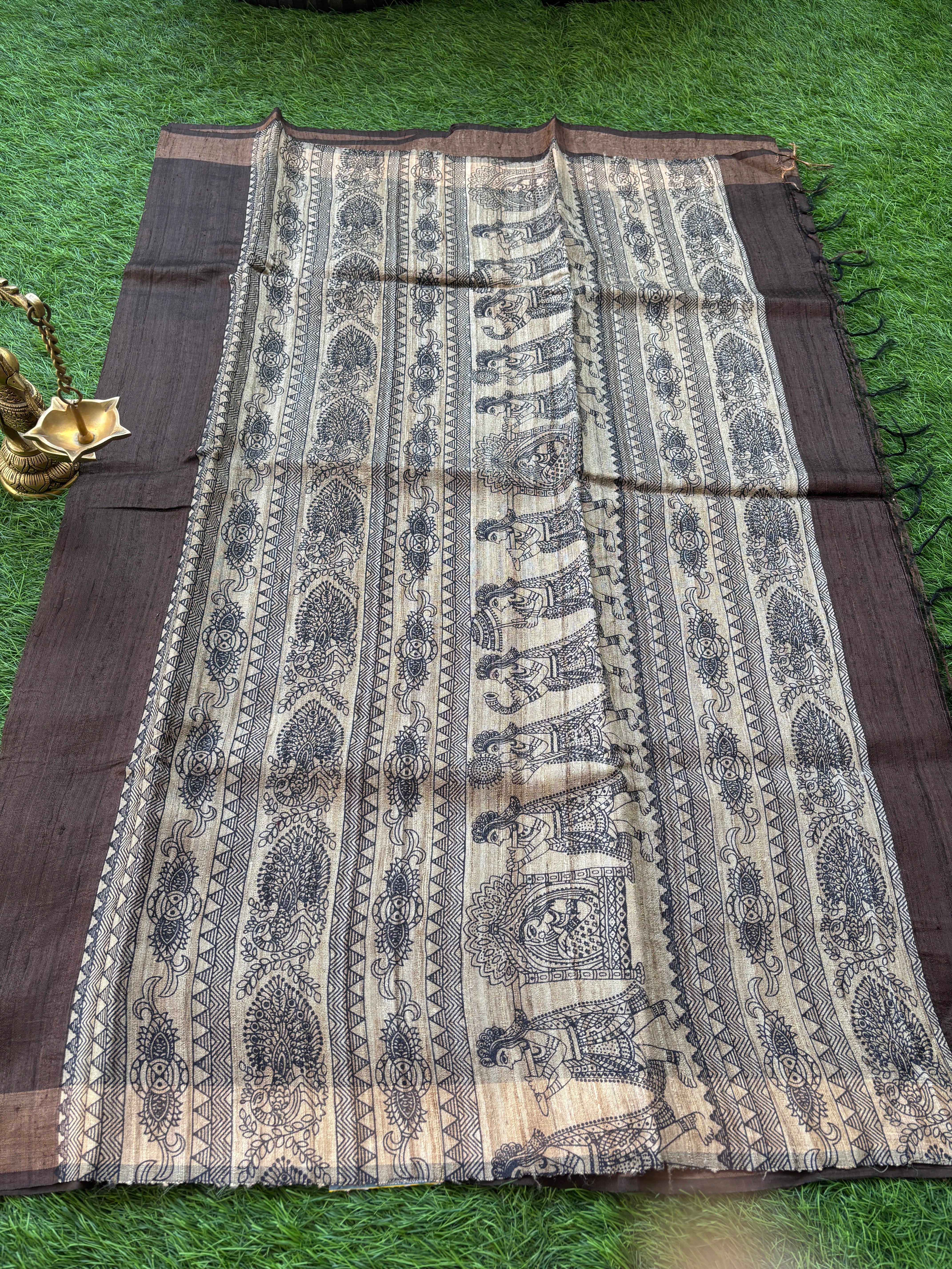 Rich Pure Desi Tussar Silk Fabric Texture in Dark Coffee Brown Saree