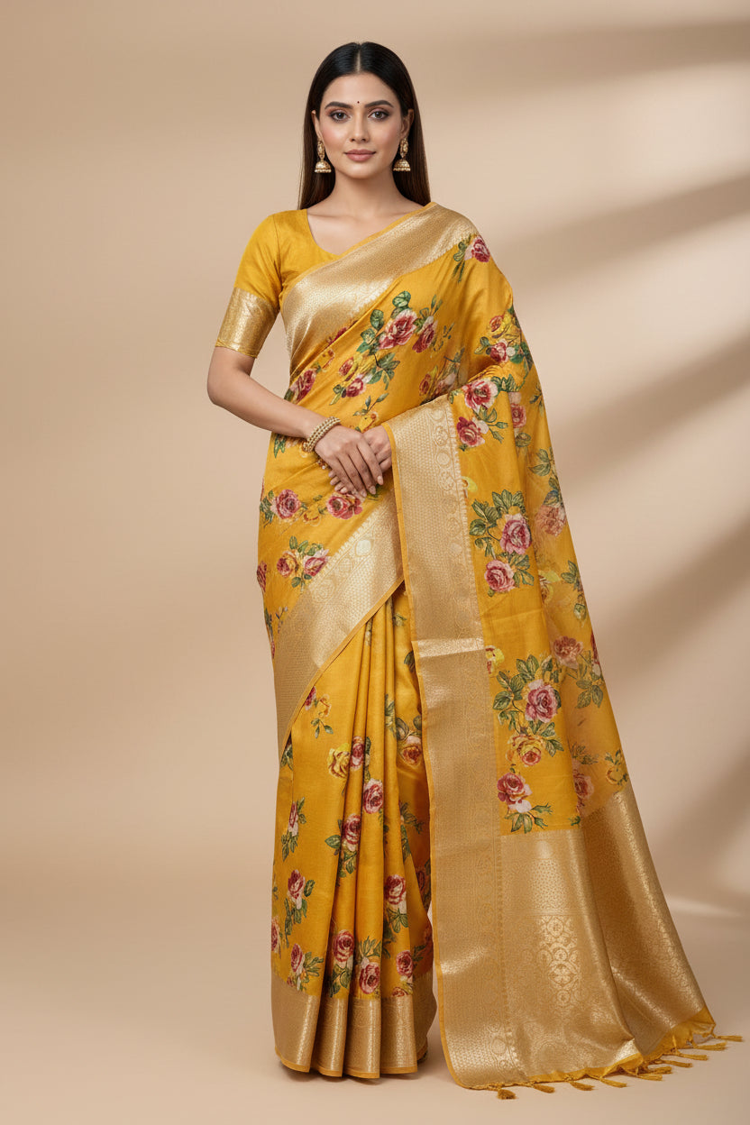 Yellow Pure Georgette Banarasi Saree with Allover Floral Digital Print | Chandrika Lifestyles
