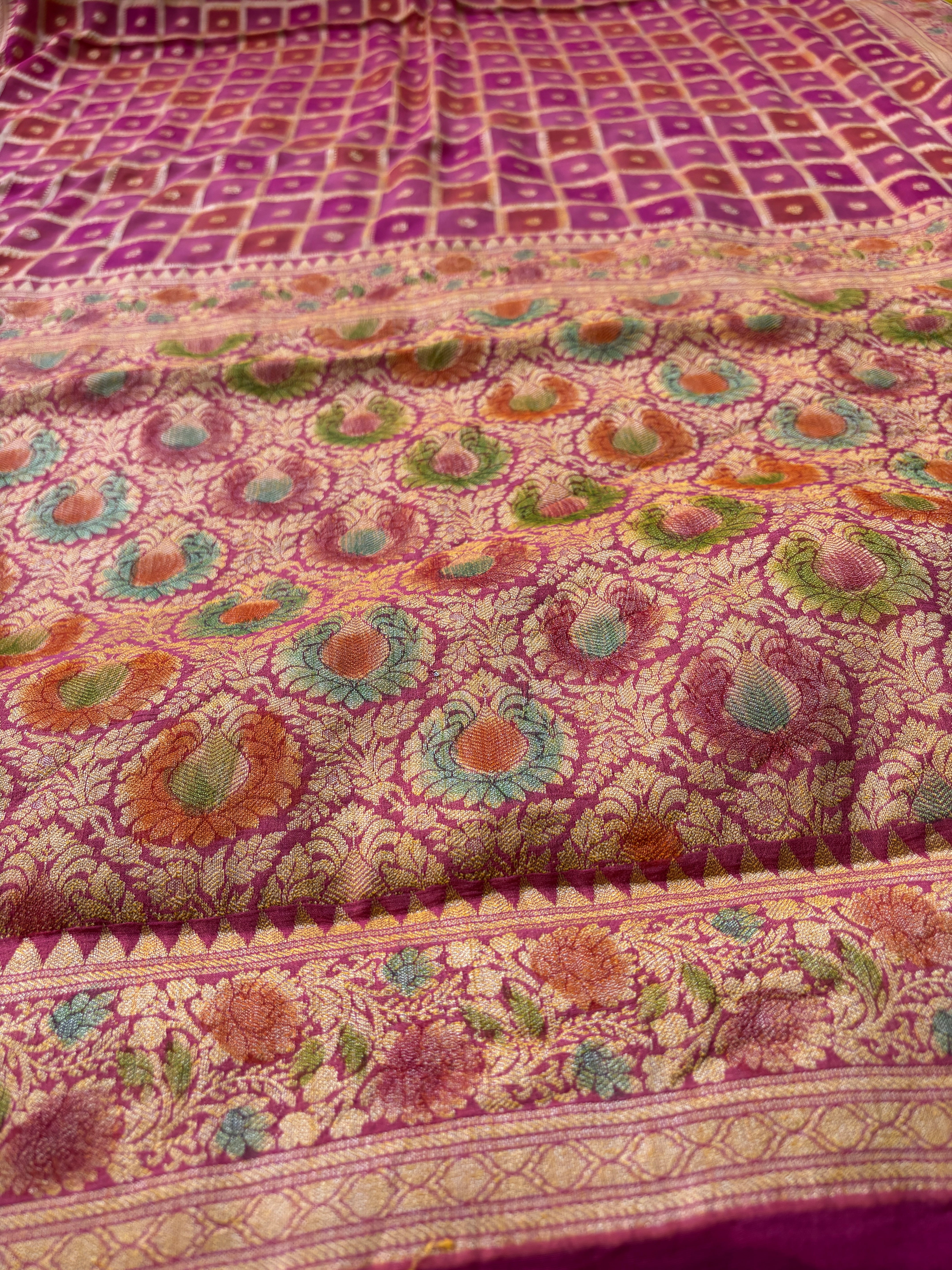 Pink Khaddi Georgette Banarasi Saree with Allover Gharchola Design | Chandrika Lifestyles