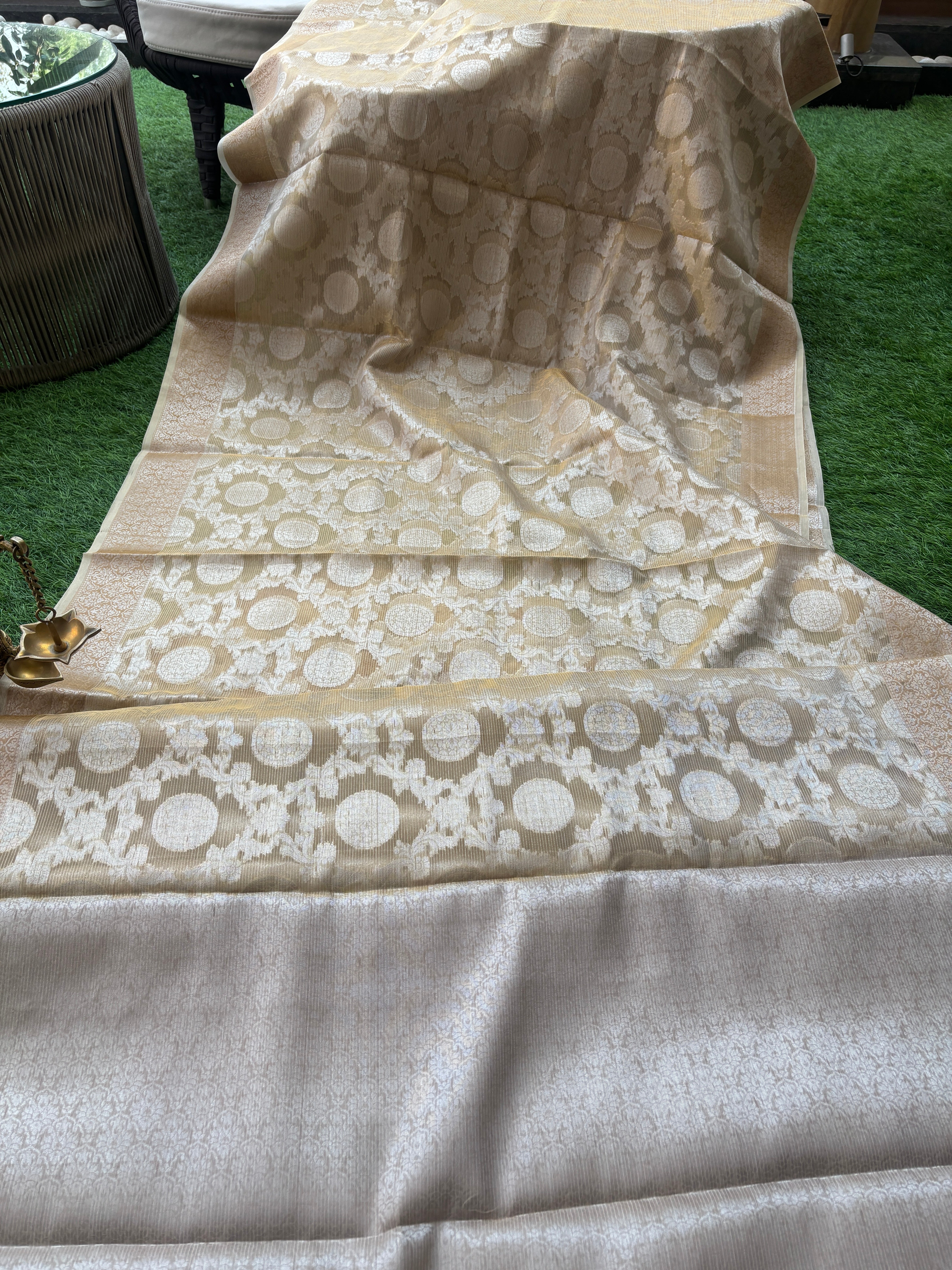 Beige Pure Banarasi Cotton Saree with Allover Jaal Silver Zari Work | Chandrika Lifestyles