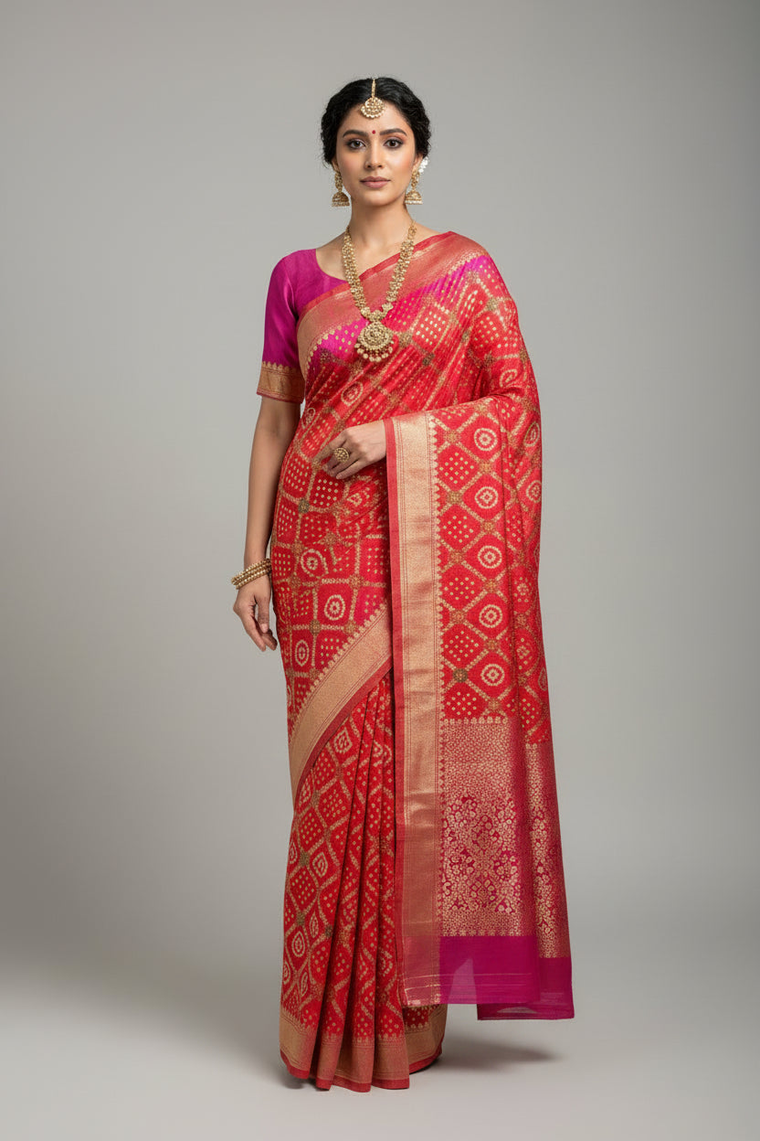 Royal Multicolor Gajji Silk Saree with All-Over Bandhej & Zari Weaving